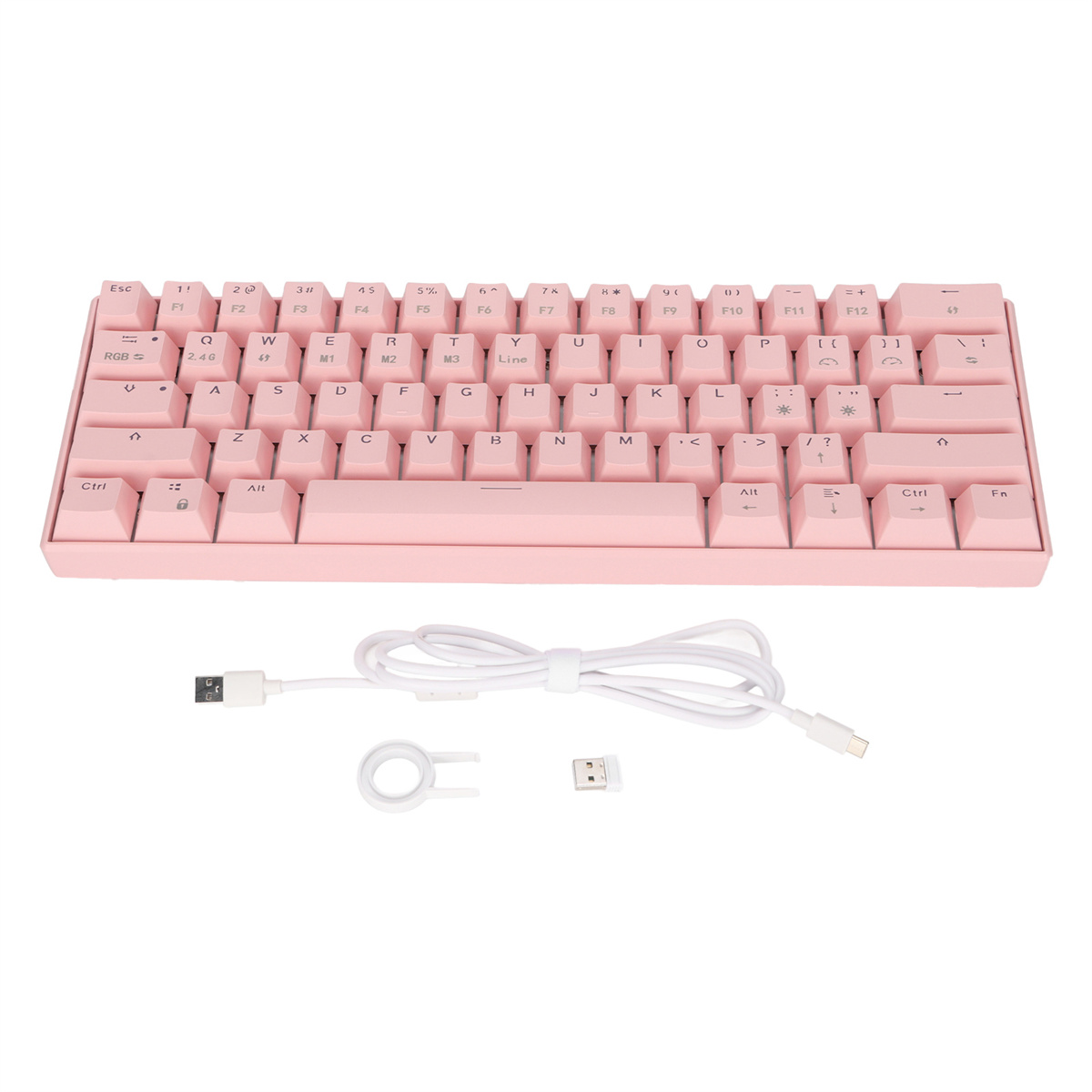 Rosa Tastatur mit weißen Tasten. Ein USB-Kabel und anderes Zubehör darunter.