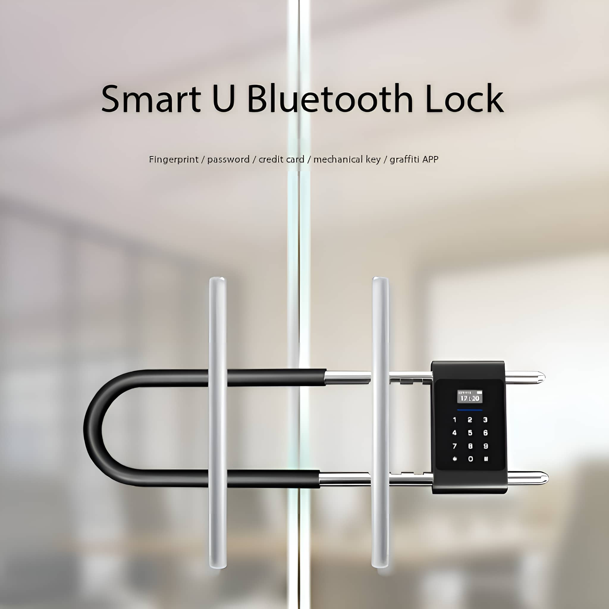 Ein intelligentes U-förmiges Bluetooth-Schloss an einer Glastür. Es hat eine Tastatur und eine Digitalanzeige.