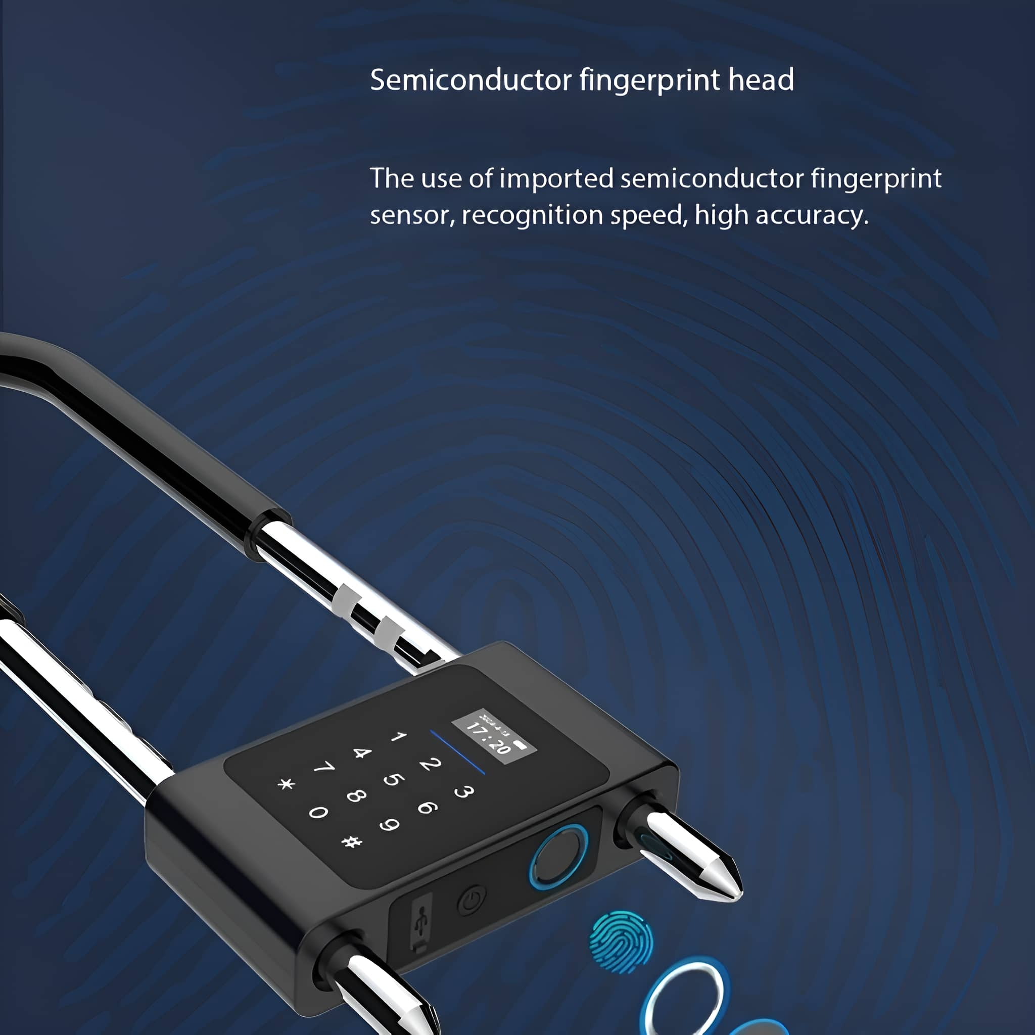 Schwarzes Fingerabdruck-Vorhängeschloss mit kleinem Bildschirm. Es hat Zahlen und einen Fingerabdrucksensor.