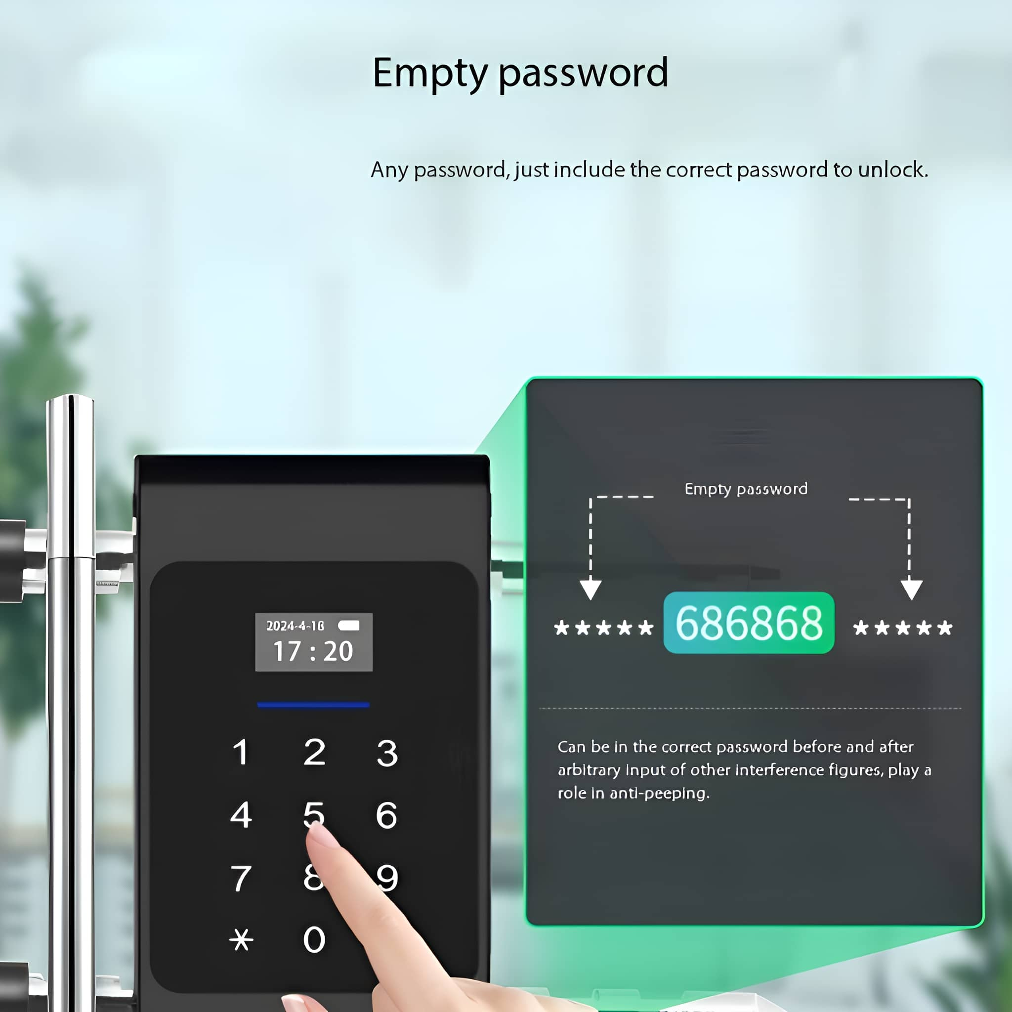 Schwarzes digitales Schloss mit Tastatur und Hand auf dem Bildschirm.