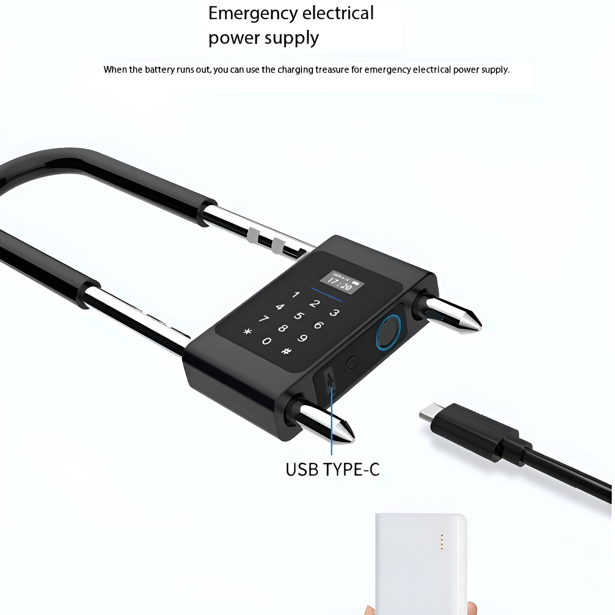 Schwarzes Schloss mit Bildschirm, Zahlen und Fingerleser; ein USB-Kabel ist eingesteckt.