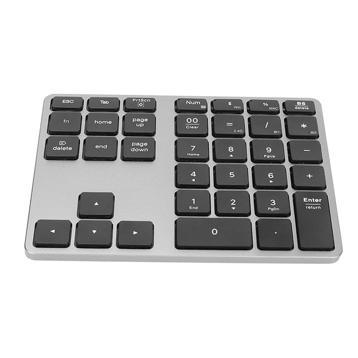 Eine silberne Numpad-Tastatur mit schwarzen Tasten und rechteckiger Form.
