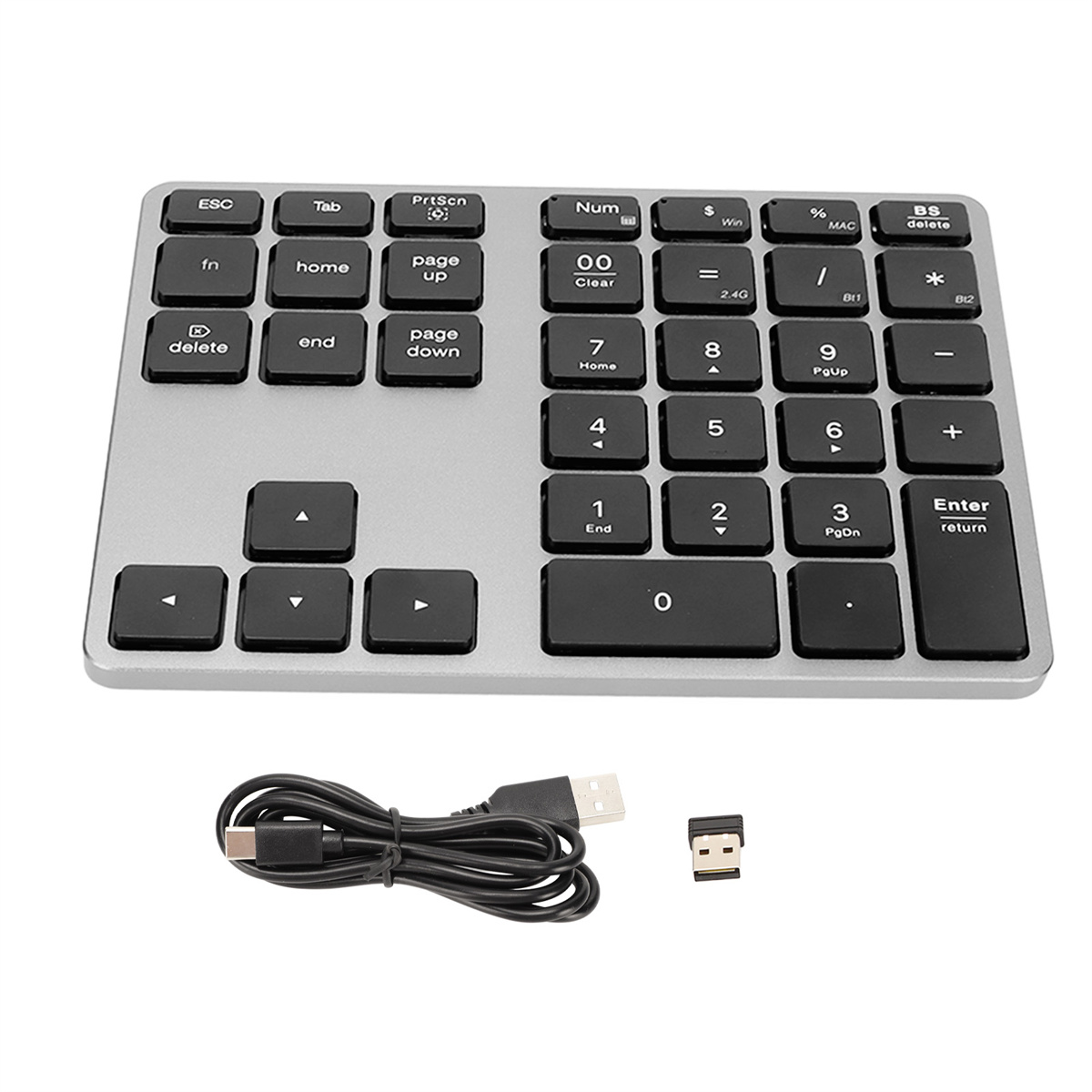 Silberner numerischer Tastenblock mit schwarzen Tasten. Enthält Pfeile, Löschen, Eingabe und ein USB-Kabel.