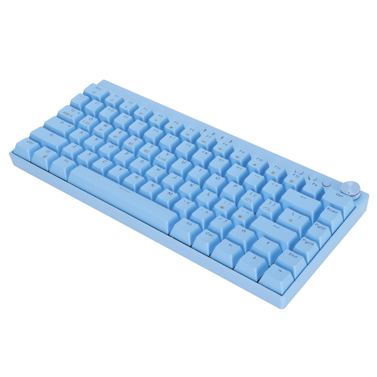 Hellblaue mechanische Tastatur. Kompaktes Layout mit mehreren Tasten, einschließlich Buchstaben, Zahlen und Symbolen.