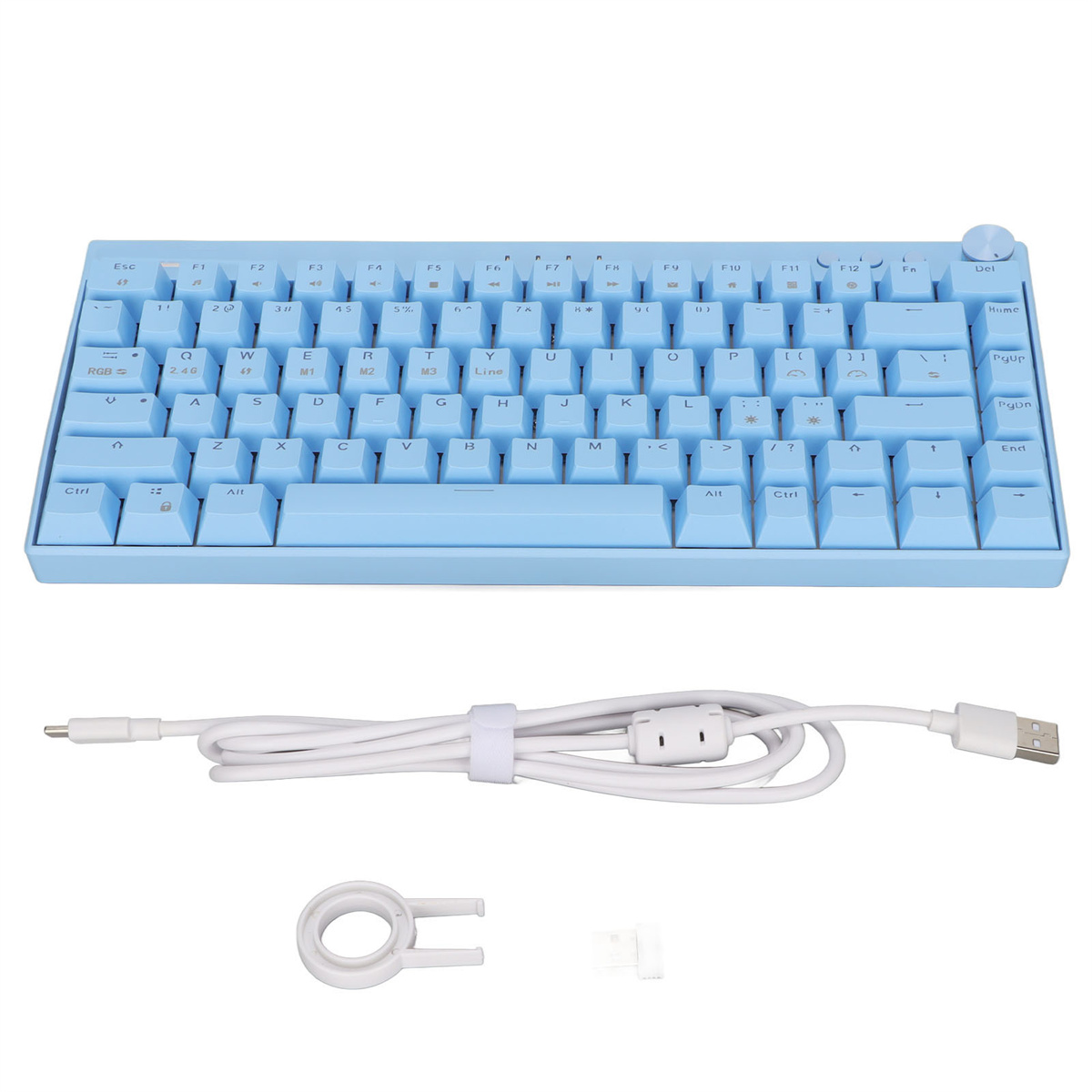 Hellblaue Tastatur mit weißen Tasten. Ein weißes Kabel ist ebenfalls vorhanden.