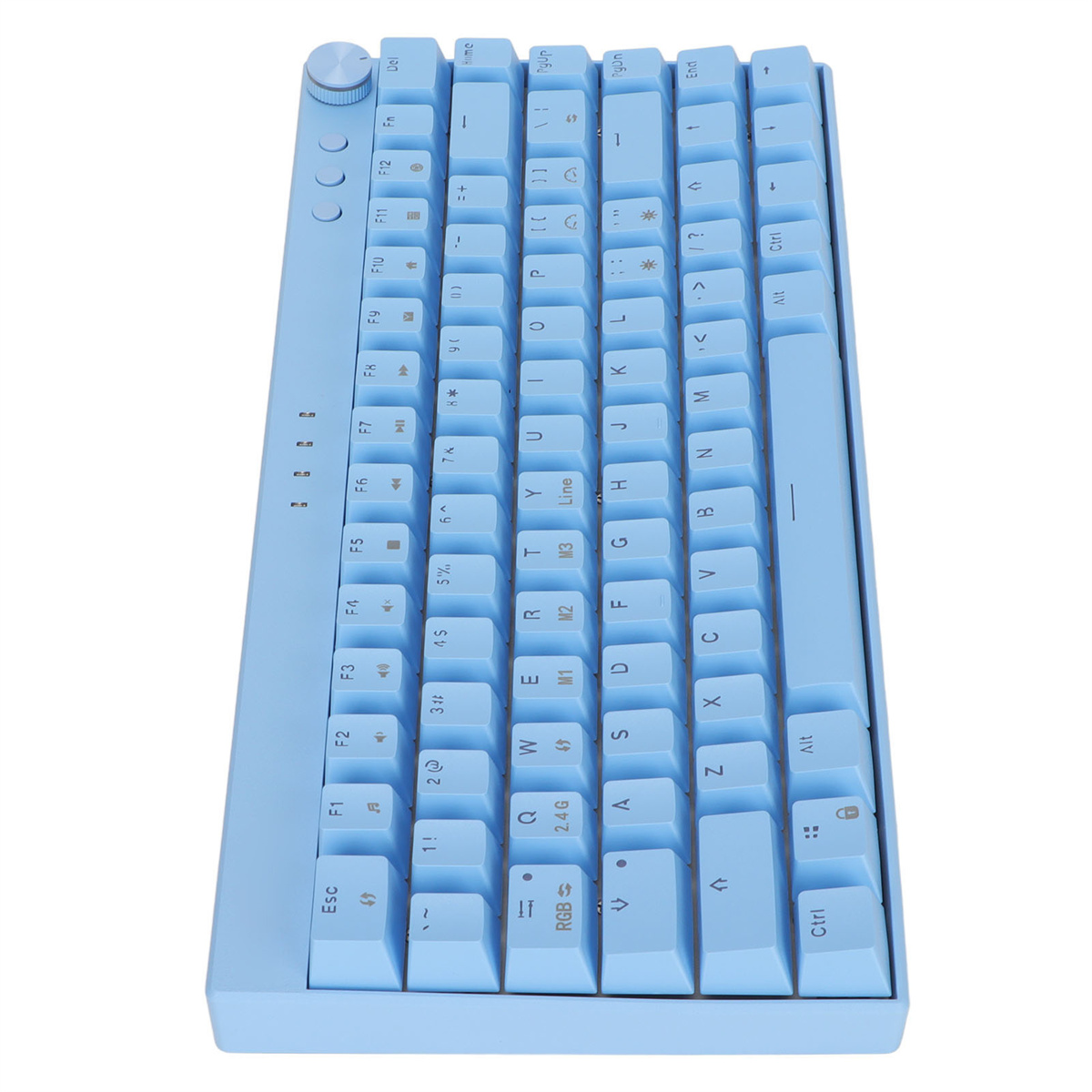 Hellblaue Tastatur mit blauen Tasten. Die Tasten sind mit Buchstaben, Zahlen und Symbolen beschriftet.