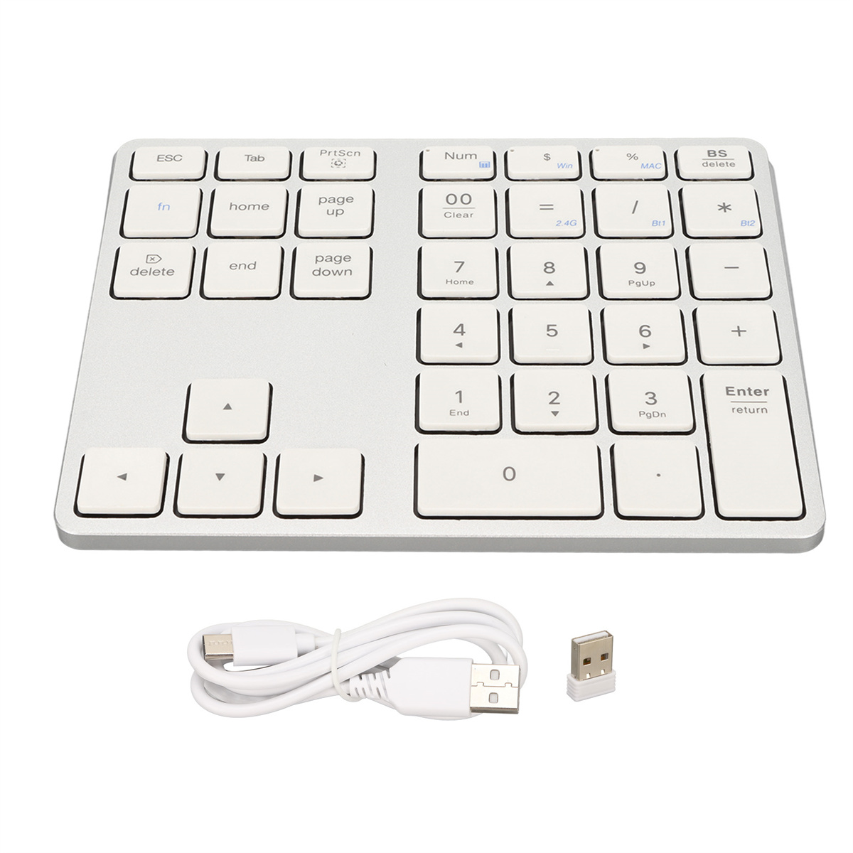 Weißer Ziffernblock mit USB-Kabel und USB-Empfänger. Weißer Hintergrund.
