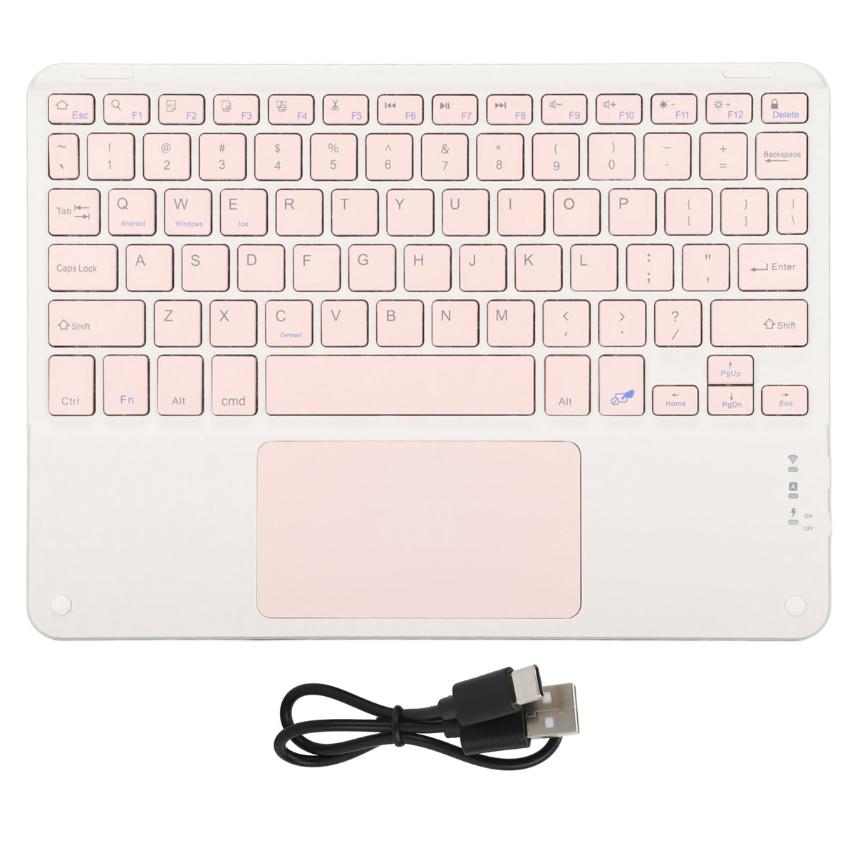 Weiße Tastatur mit rosa Tasten und Touchpad. Schwarzes USB-Kabel angeschlossen. Layout gezeigt.