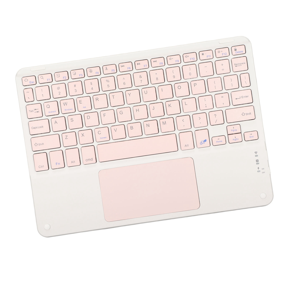 Weiße Tastatur mit rosa Tasten und einem rosa Touchpad. Es ist eine dünne, kabellose Tastatur.