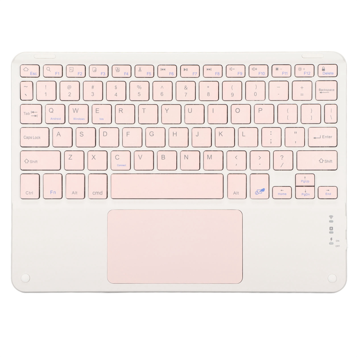 Eine weiße und rosa drahtlose Tastatur mit einem Trackpad. Auf weißer Oberfläche.