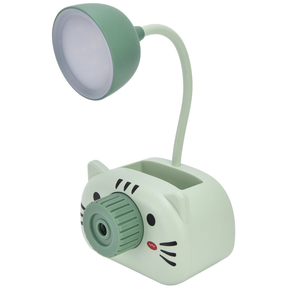 Grüne Schreibtischlampe in Katzenform mit Stifthalter und flexiblem Hals.