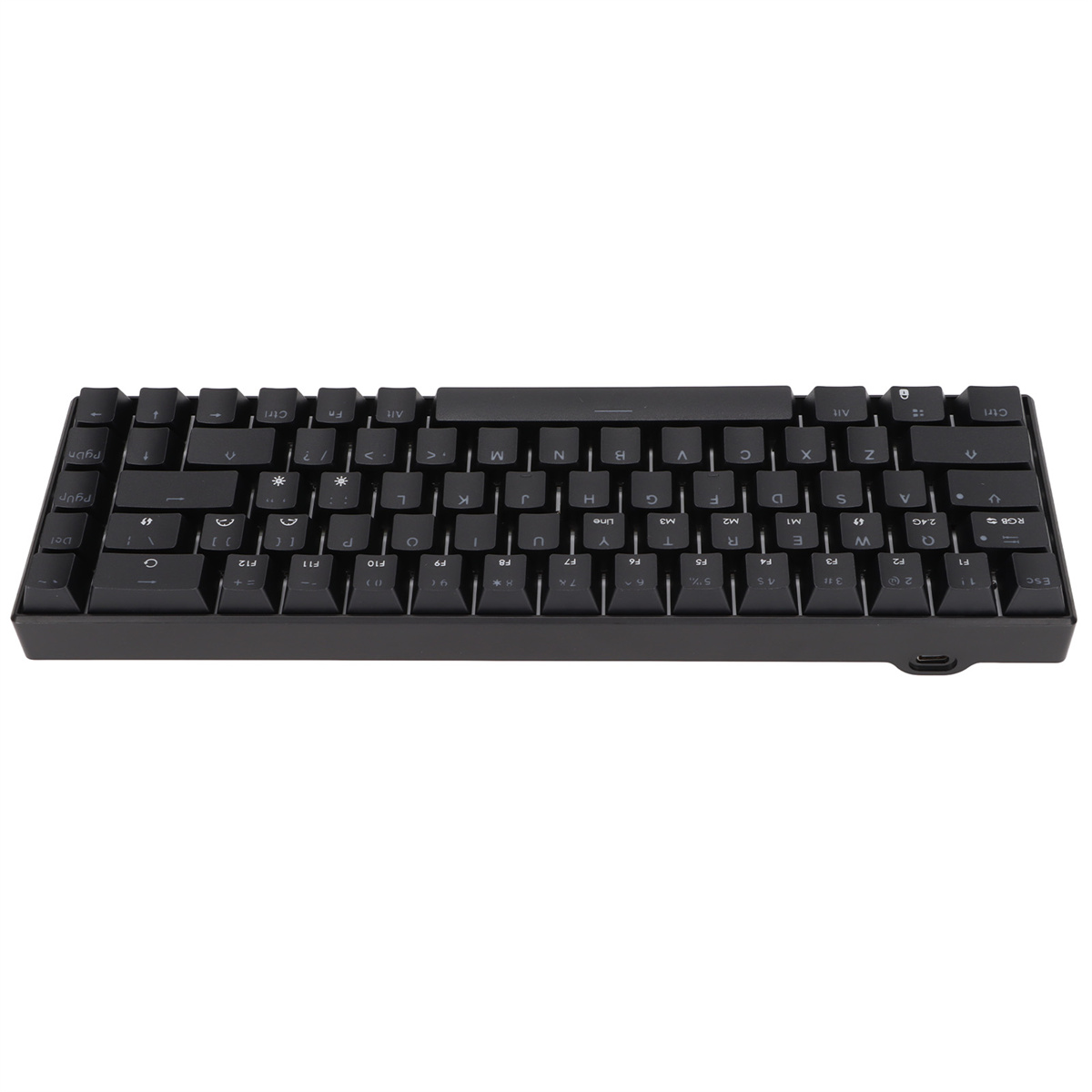 Schwarze kompakte Tastatur. Schwarze Tasten. Minimalistisches Design. Kleiner Formfaktor. USB-Ladeanschluss seitlich.