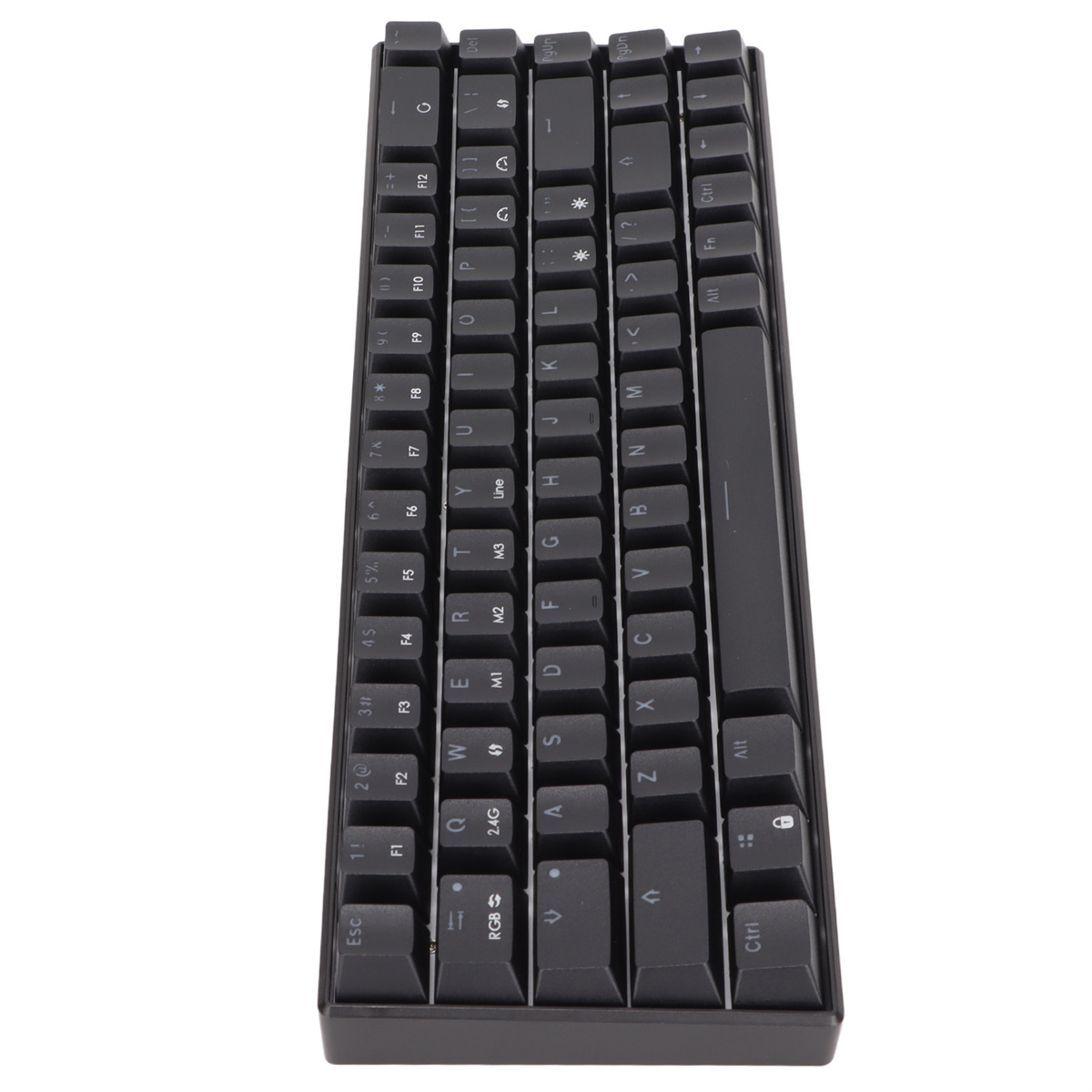 Eine schwarze Tastatur mit weißen Buchstaben und Symbolen. Die Tastatur hat ein kompaktes Design.