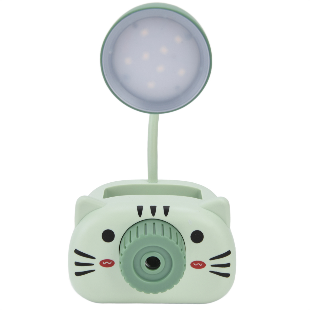Grüne katzenförmige Schreibtischlampe mit Licht. Sie hat einen Spitzer vorne.
