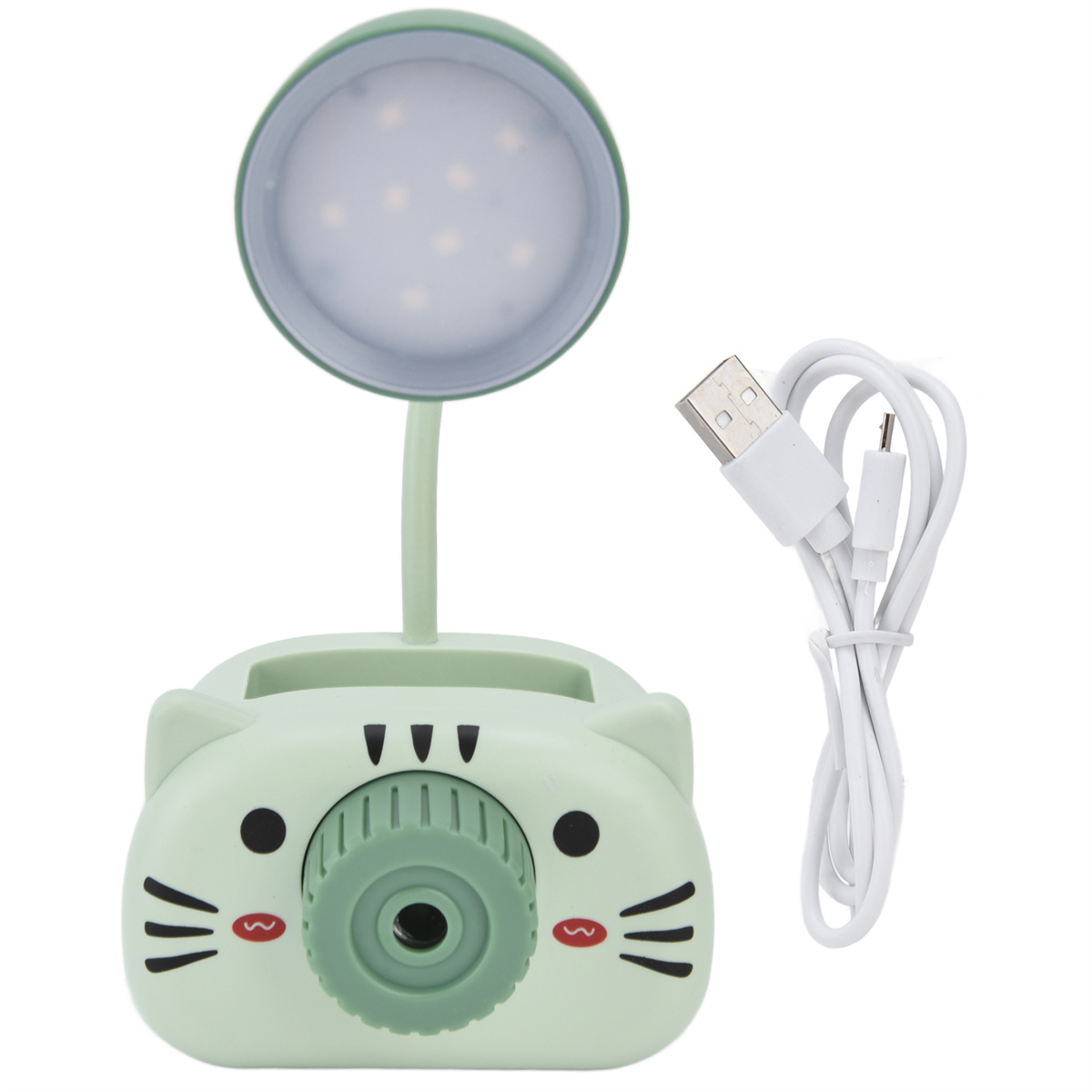 Eine katzenförmige Schreibtischlampe mit grünem Sockel und USB-Kabel. Sie hat ein Licht.