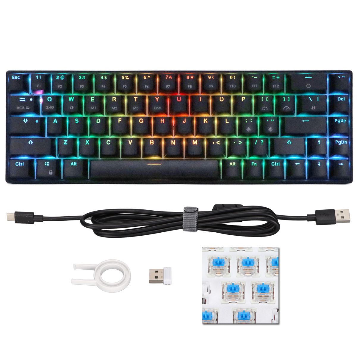Schwarze Tastatur mit RGB-Beleuchtung, USB-Kabel, Keycap-Abzieher, USB-Adapter und blauen Schaltern.
