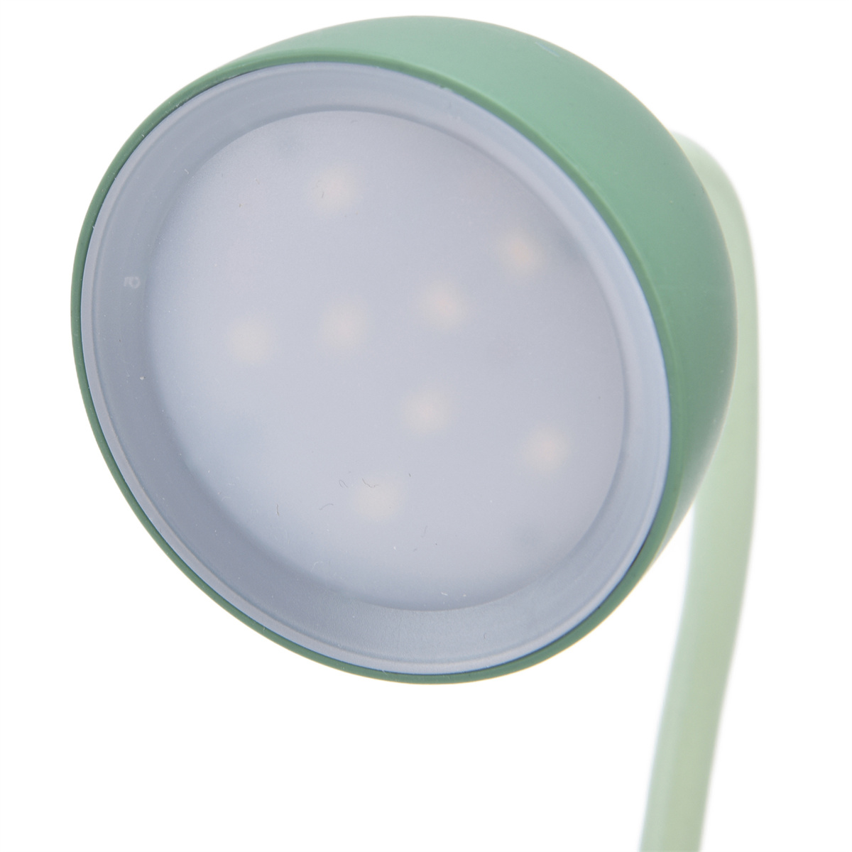 Eine grüne Schreibtischlampe mit rundem Licht. Der Kopf ist grün, und das Licht ist weiß, mit sichtbaren LEDs.