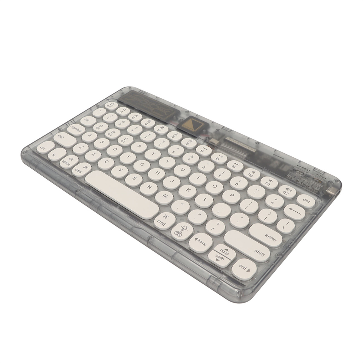 Eine transparente Tastatur mit weißen, runden Tasten. Es hat einen weißen Tastenbereich und einen transparenten Rahmen.