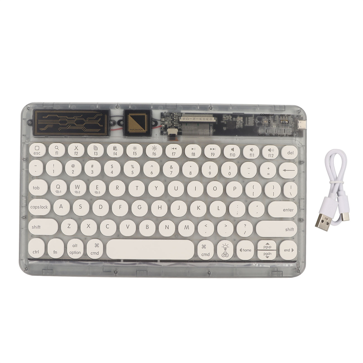 Eine klare, transparente Tastatur mit weißen Tasten, mit einem USB-Kabel und -Anschluss.