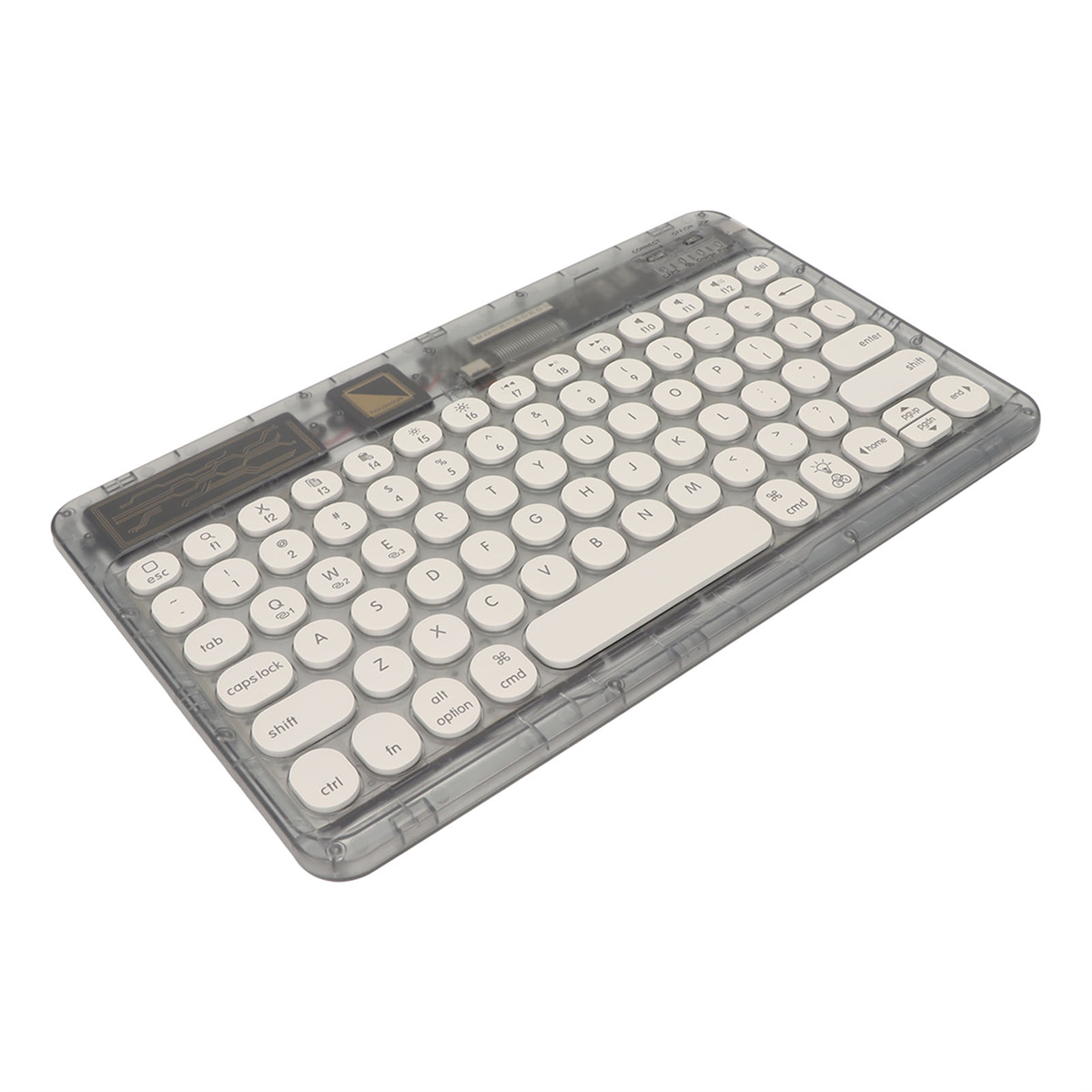 Transparente Tastatur mit weißen runden Tasten. Licht scheint durch das Design.