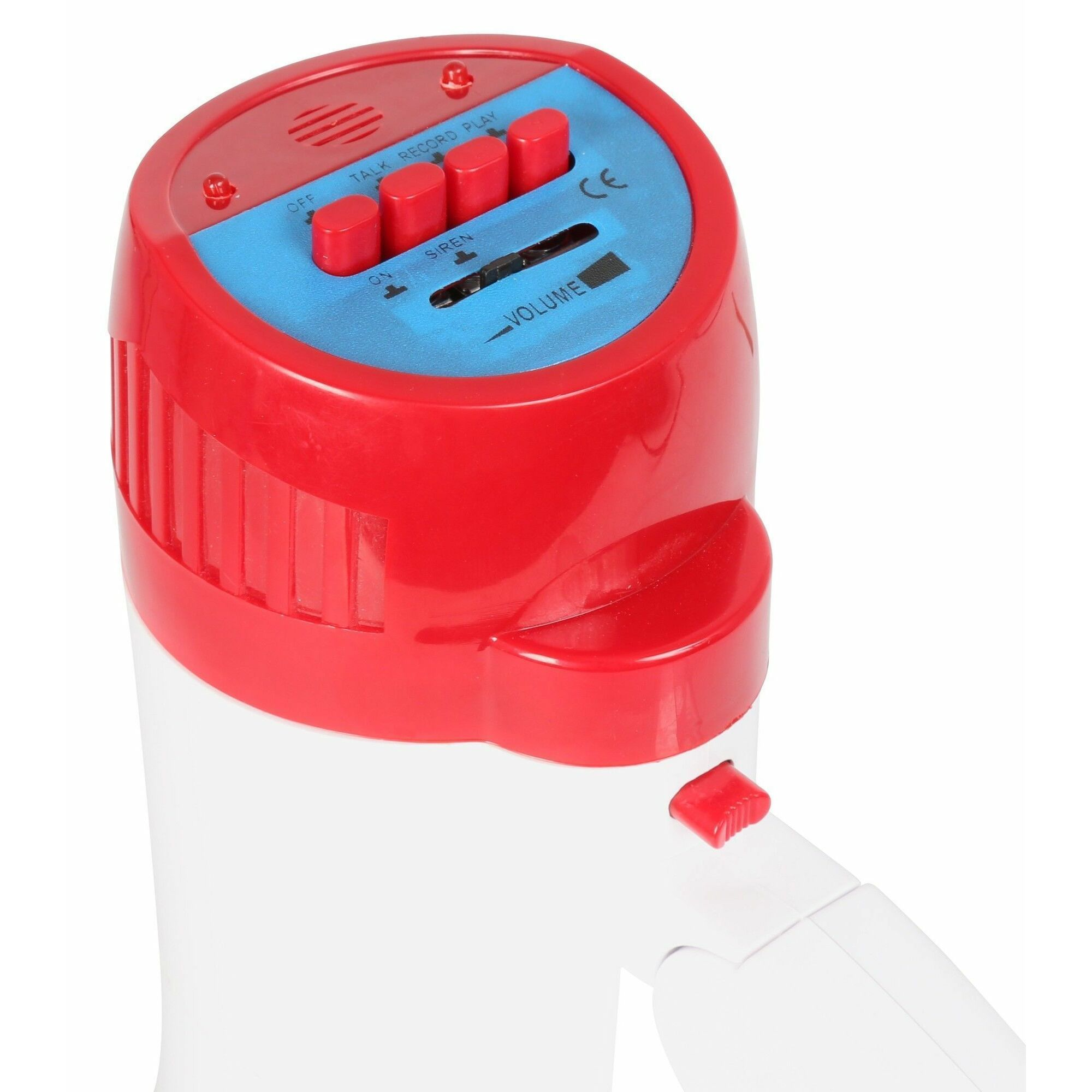 Red and white megaphone. Red buttons on top for talk, record, and siren. Volume control.