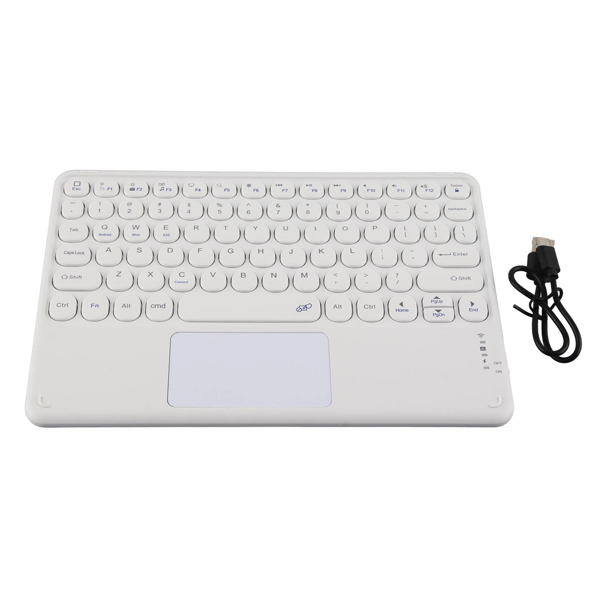 Weiße drahtlose Tastatur mit Touchpad, USB-Kabel und Tasten mit Symbolen, auf weißem Hintergrund.