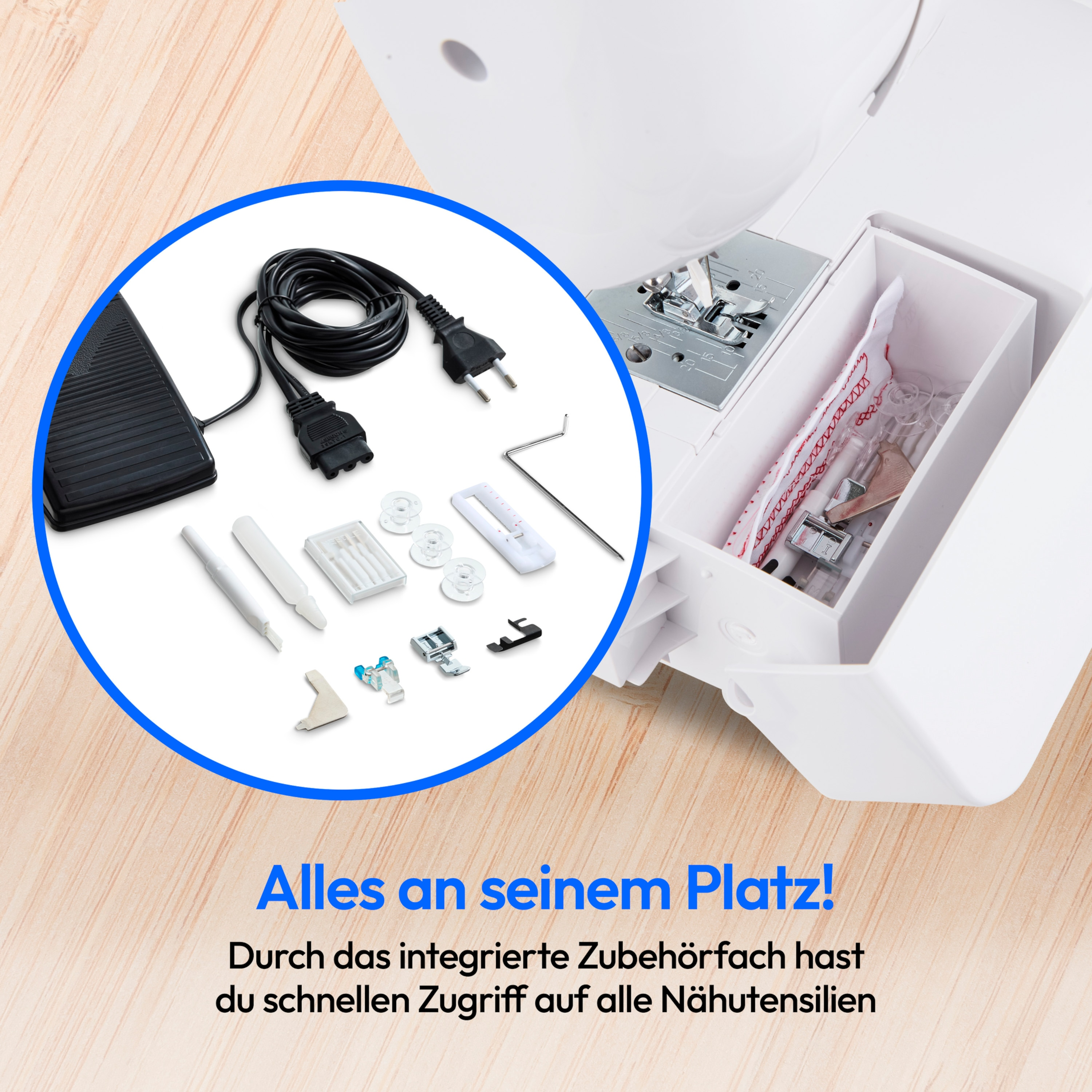 Akcesoria do maszyny do szycia, w tym pedał nożny. Tło to drewniany stół.