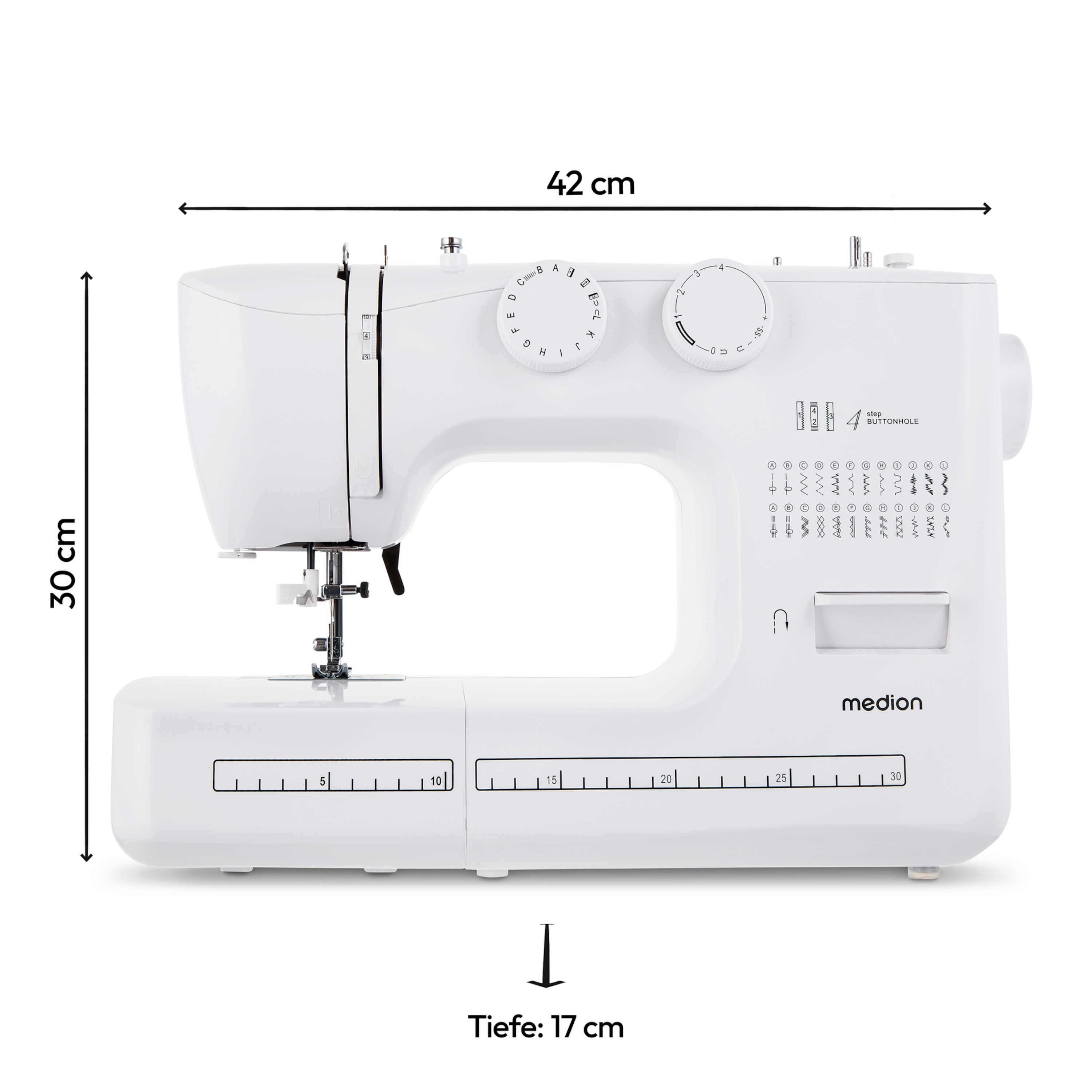 Biała maszyna do szycia z zaznaczonymi wymiarami.
