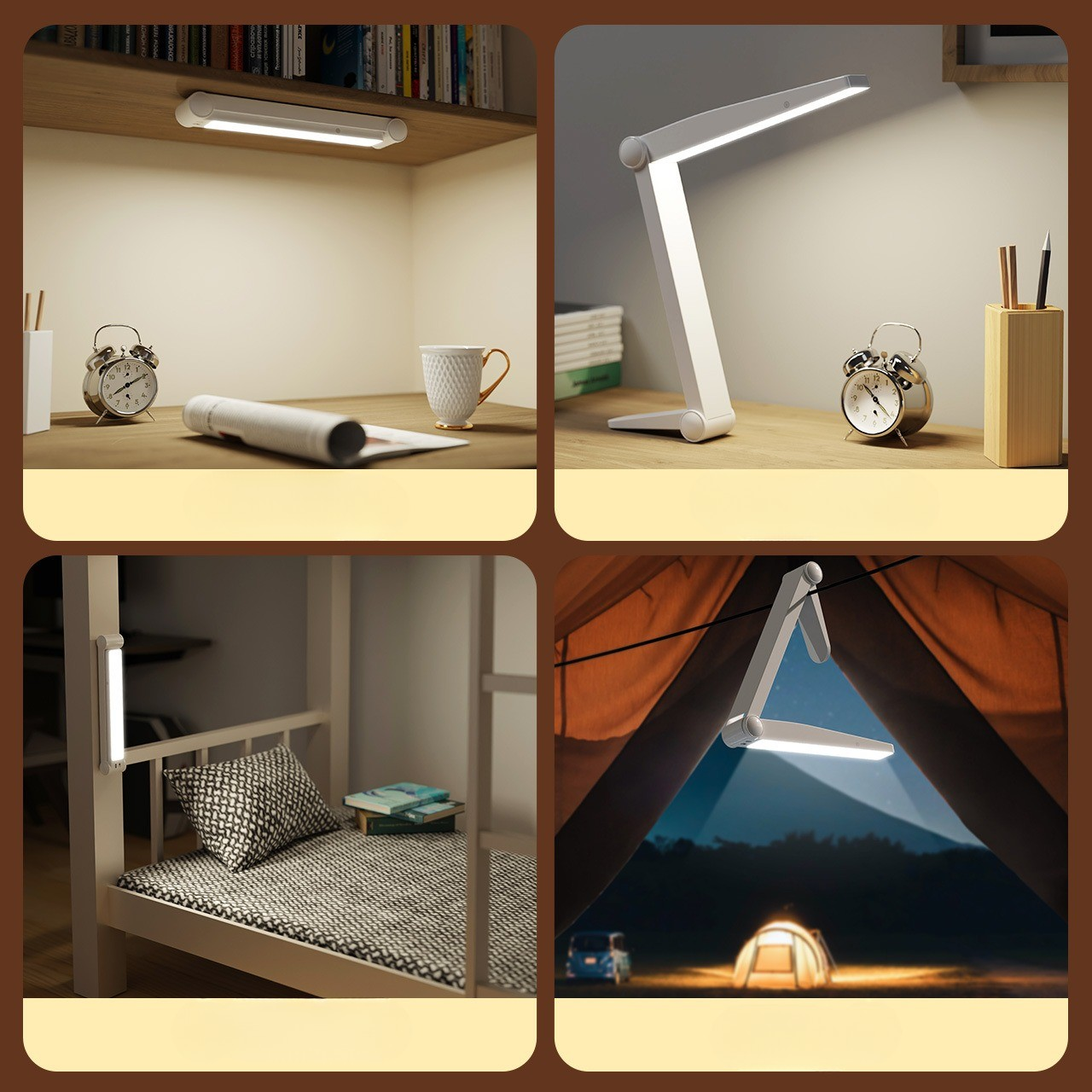 Eine Collage zeigt vier Szenen mit Lampen. Sie stehen auf einem Schreibtisch, Regal und in einem Zelt. Lampen haben LEDs.