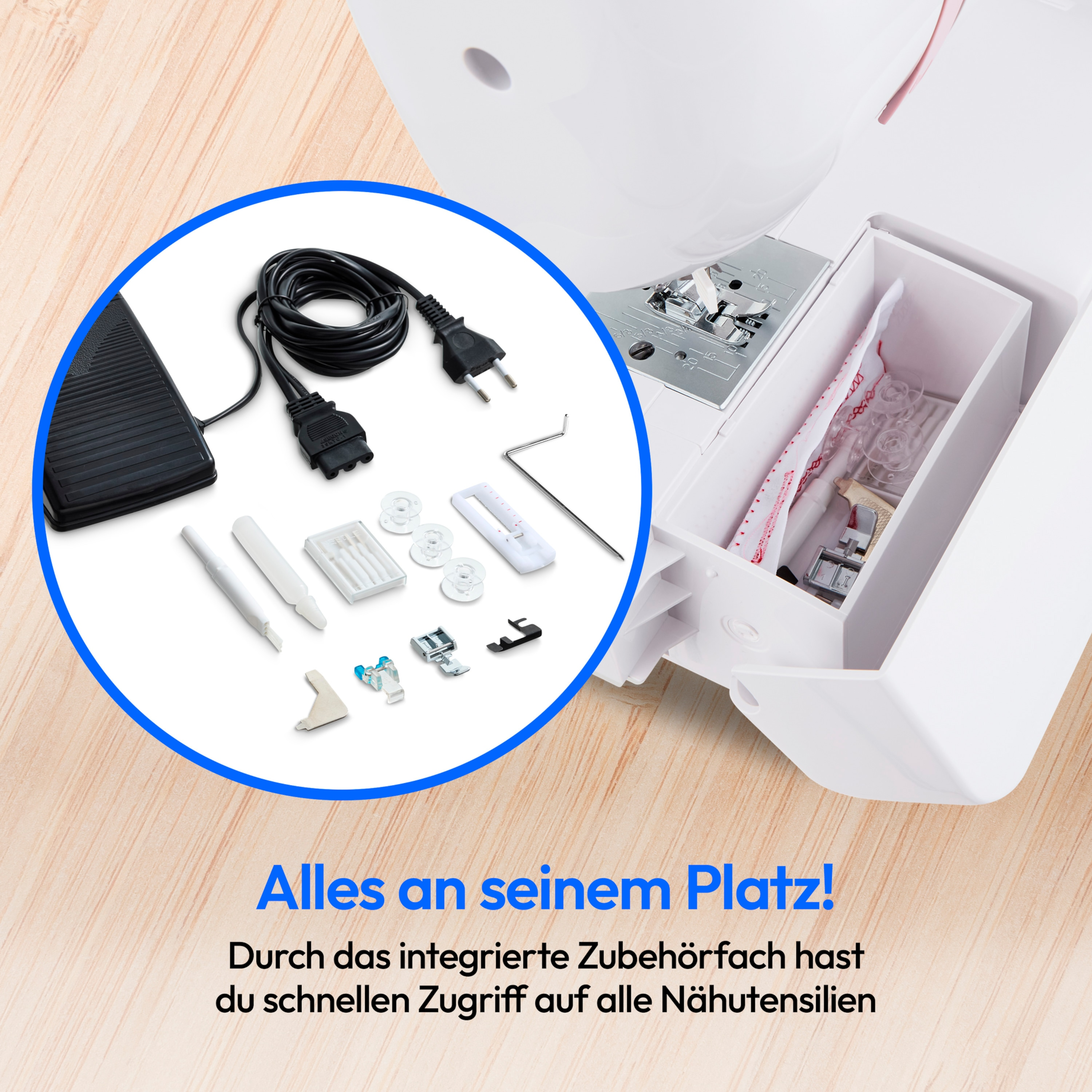 Maszyna do szycia z akcesoriami. Elementy znajdują się w niebieskim okręgu.