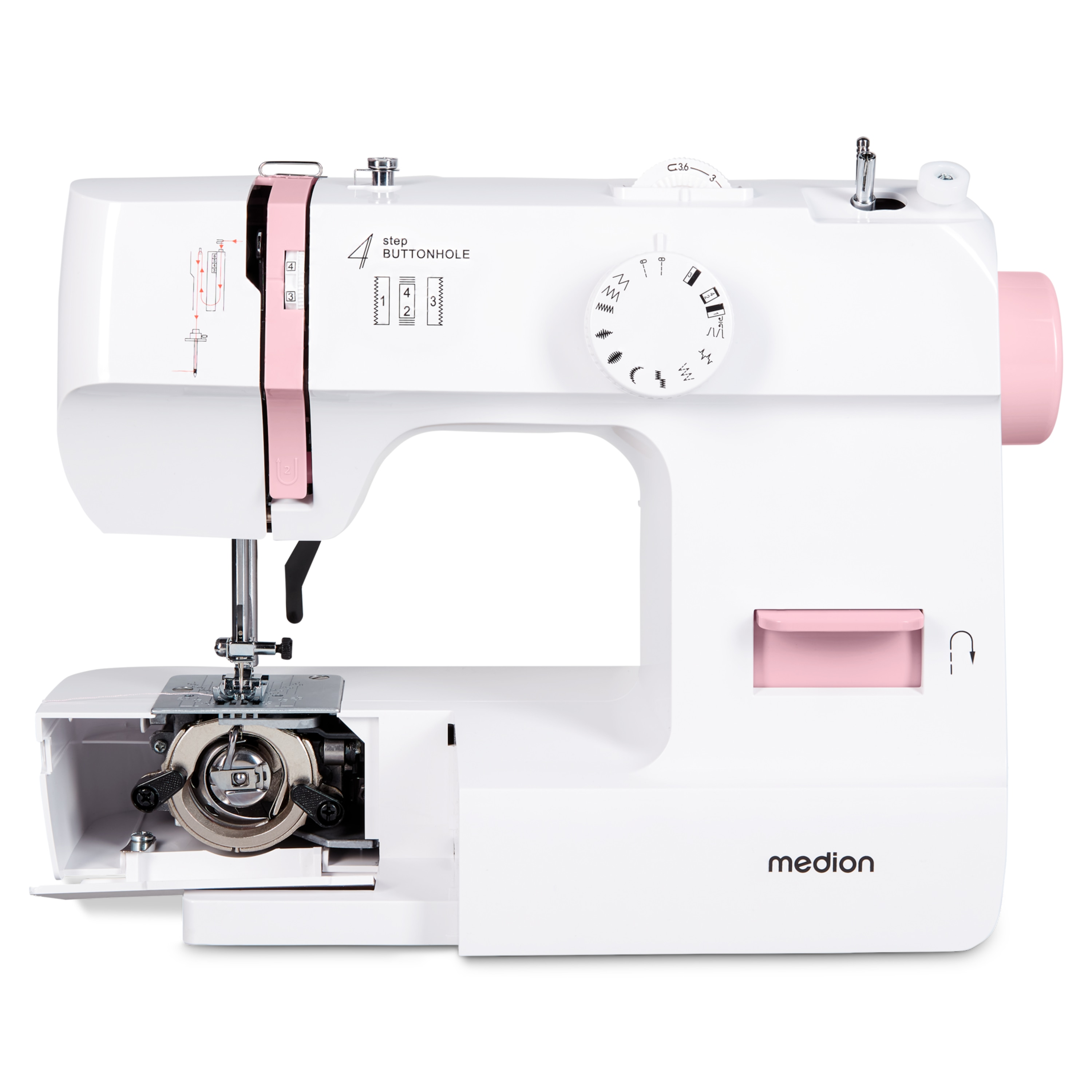 Biała maszyna do szycia z różowymi akcentami, otwartą dolną komorą.
