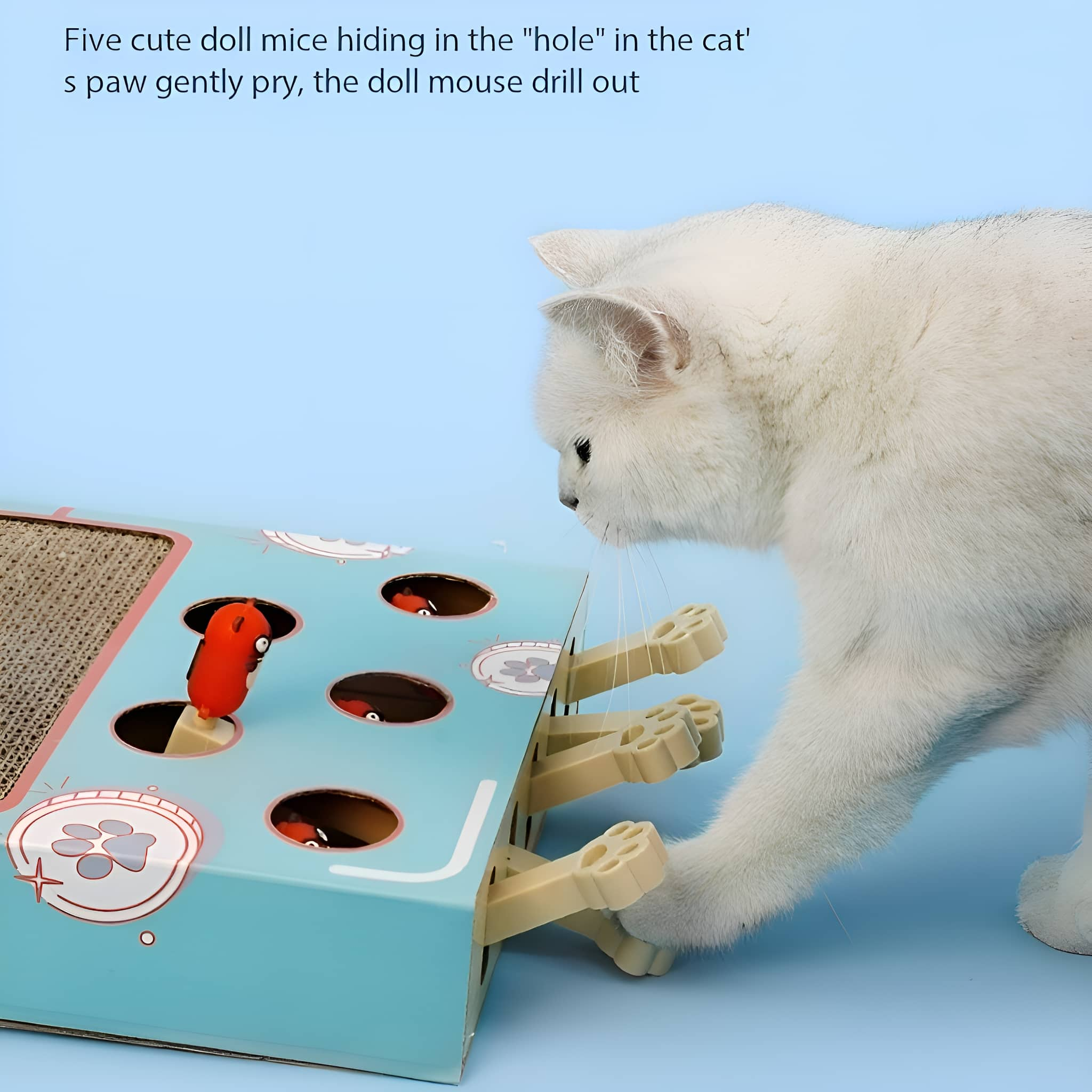 Eine weiße Katze spielt mit einer Spielzeugkiste. Die Box hat Löcher mit Spielzeugmäusen und Katzenpfotenhebeln.