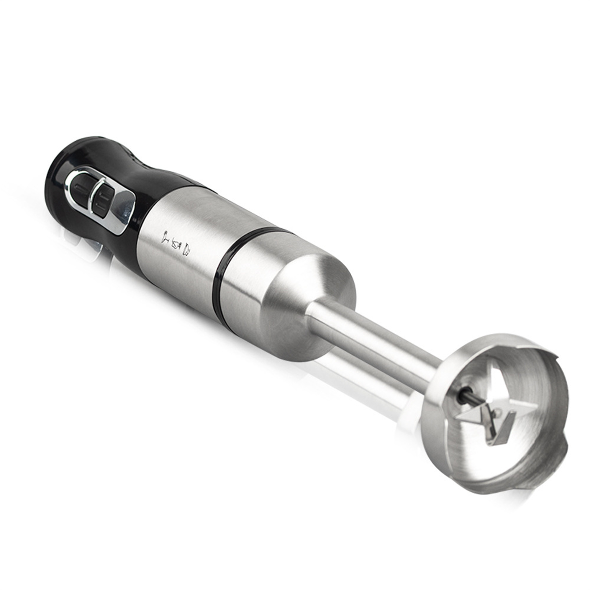 Edelstahl-Stabmixer mit schwarzem Griff und Klinge.