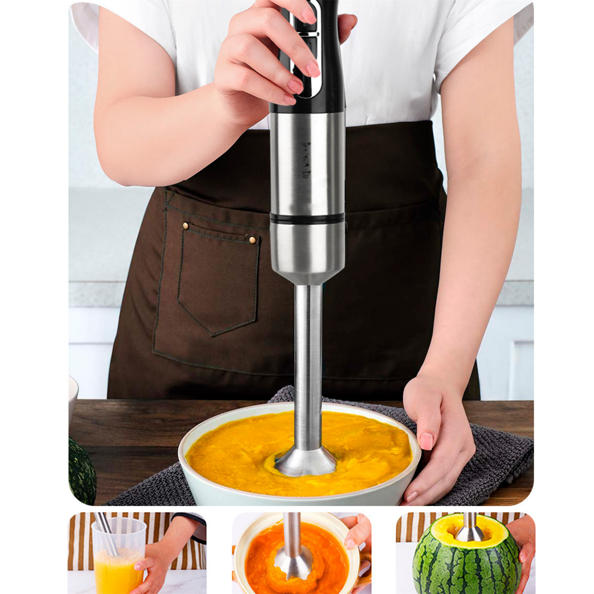 Eine Frau benutzt einen Handmixer in einer Schüssel mit Orangenpüree. Drei Fotos zeigen den Vorgang.