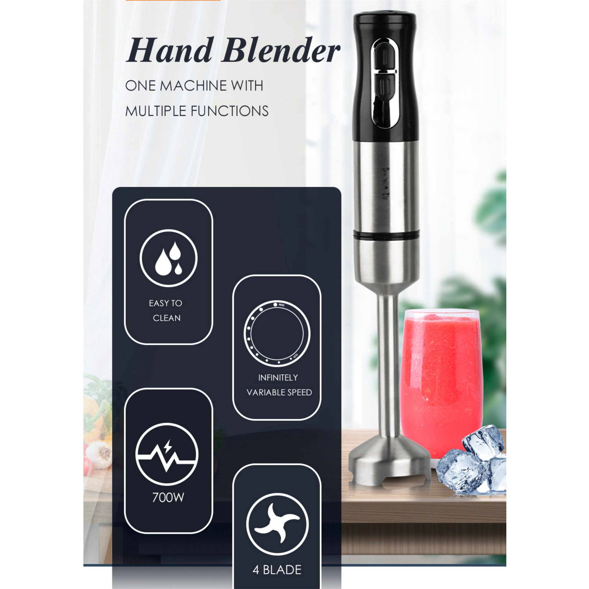 Ein Handmixer mit Text und Illustrationen zu den Funktionen: leicht zu reinigen, variable Geschwindigkeit, 700 W und 4 Klingen.