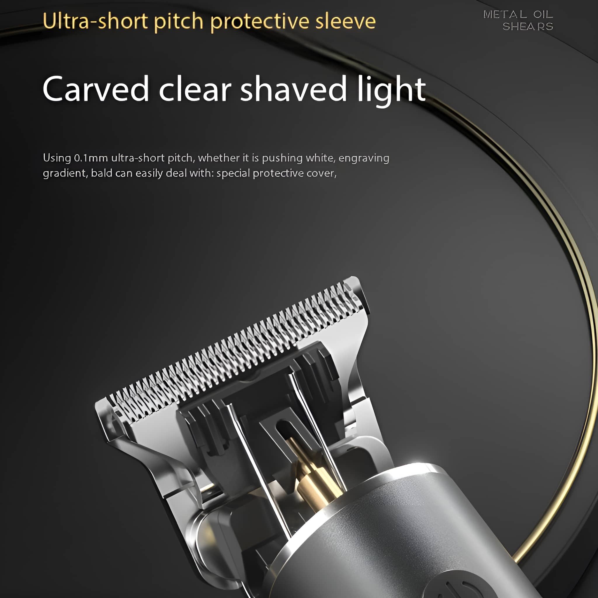 Haarschneider-Nahaufnahme. Silber und schwarz, mit Text: 'Ultra-short pitch protective sleeve'.