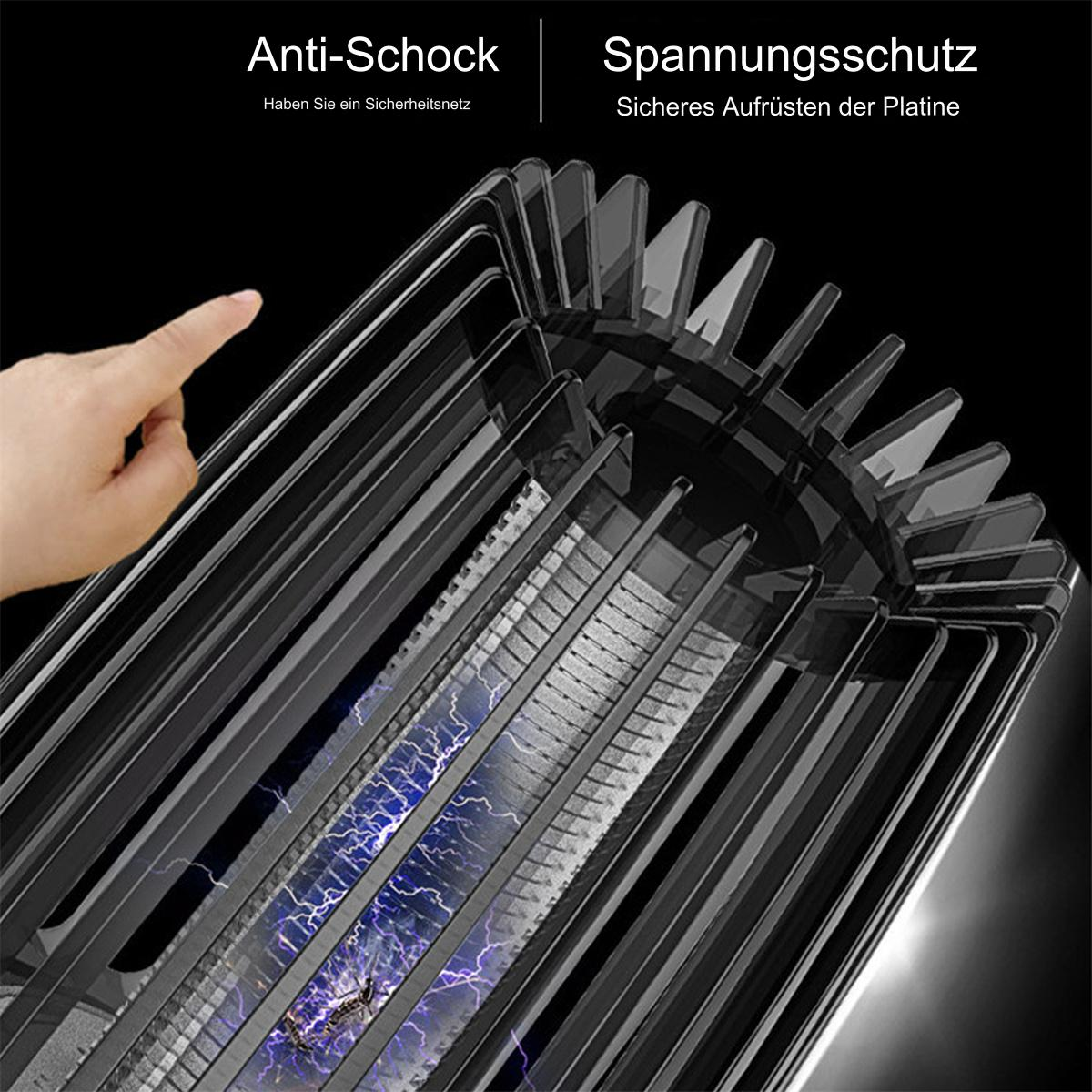 Nahaufnahme eines Geräts mit elektrischen Funken. Text lautet 'Anti-Schock' und 'Spannungsschutz'.