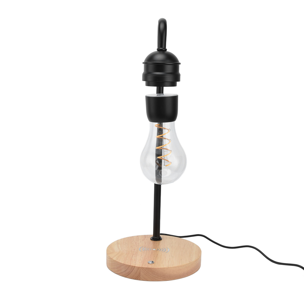 Schwebende Glühbirnenlampe mit Holzsockel, schwarzem Stiel und schwarzem Oberteil.