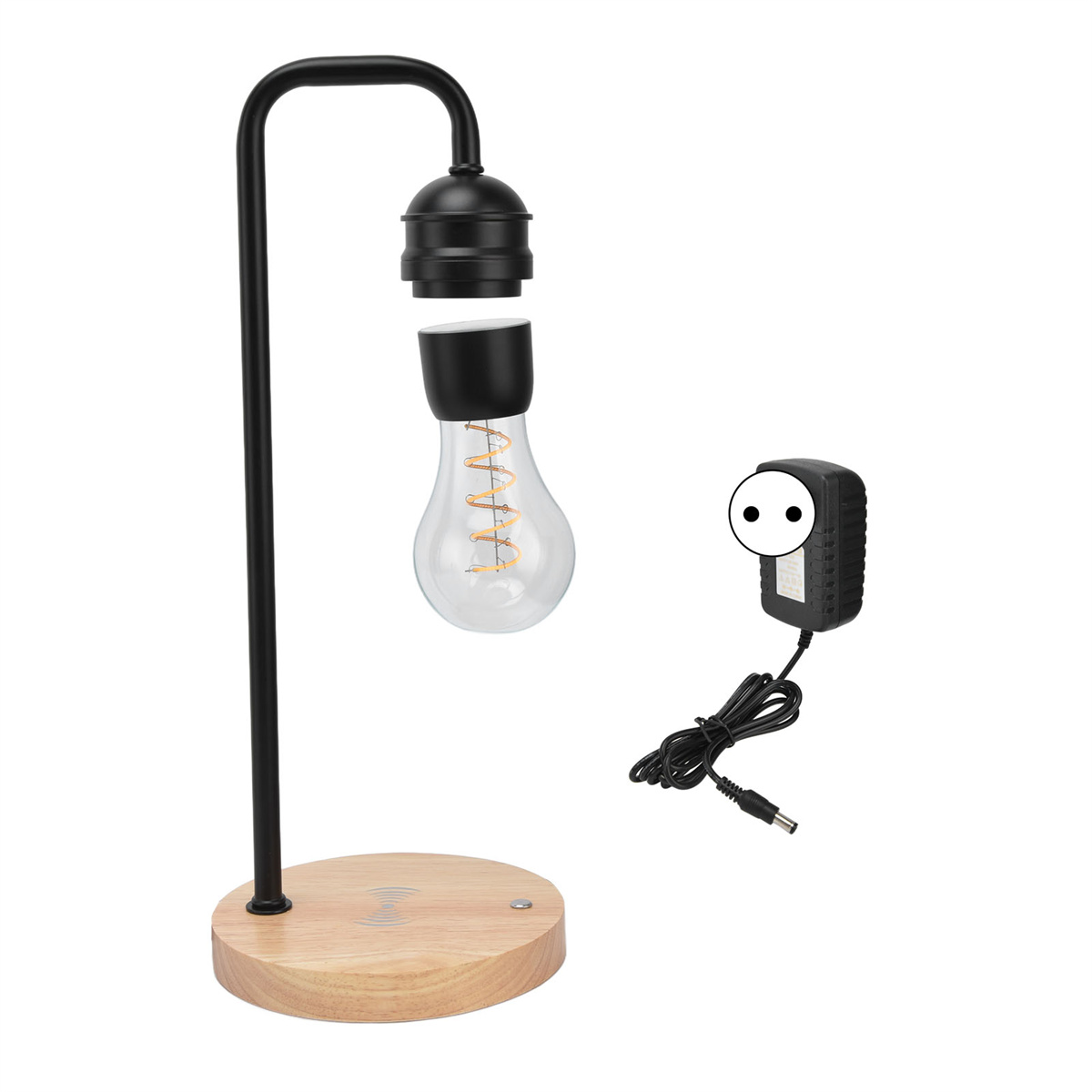 Schwebende Glühbirnenlampe mit schwarzem Sockel und Ständer. Holzsockel und Netzteil.