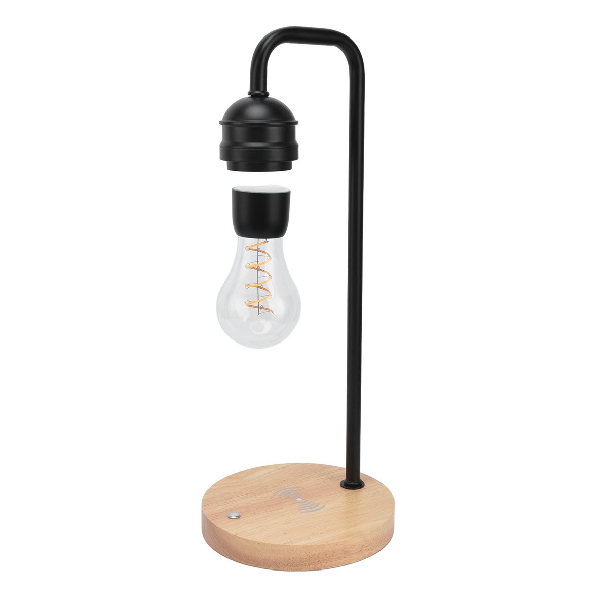 Eine schwebende Glühbirnenlampe mit Holzsockel und schwarzem Ständer.