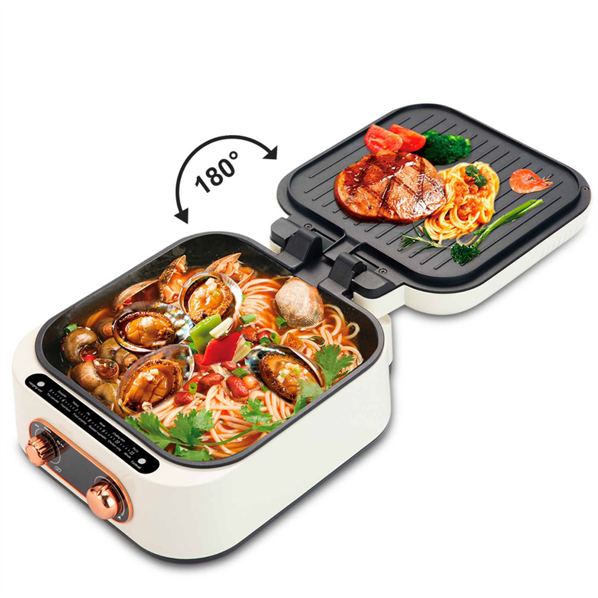 Ein weißer und schwarzer Grill mit Essen, 180 Grad geöffnet. Essen beinhaltet Nudeln und Fleisch.