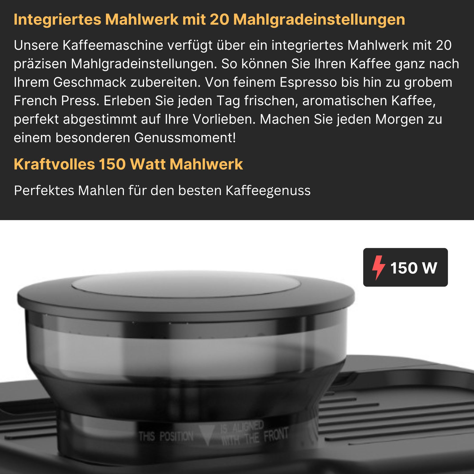 Eine Kaffeemühle mit Text, eine Nahaufnahme der Mühle und eine Leistungsanzeige.