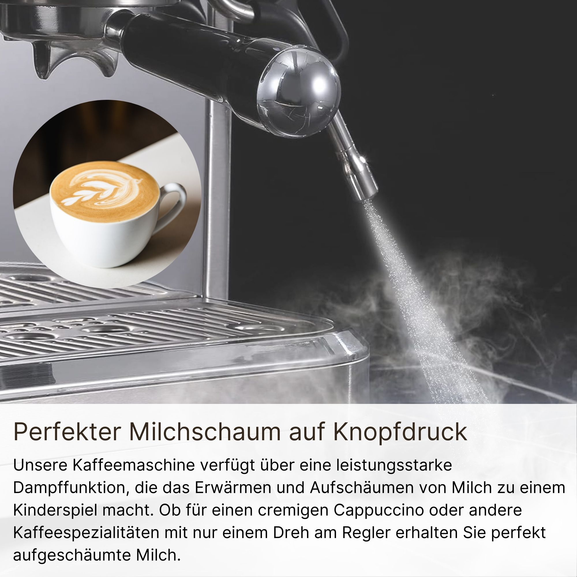Espressomaschine mit einer Tasse Kaffee und Dampf. Die Maschine ist silberfarben mit Text.