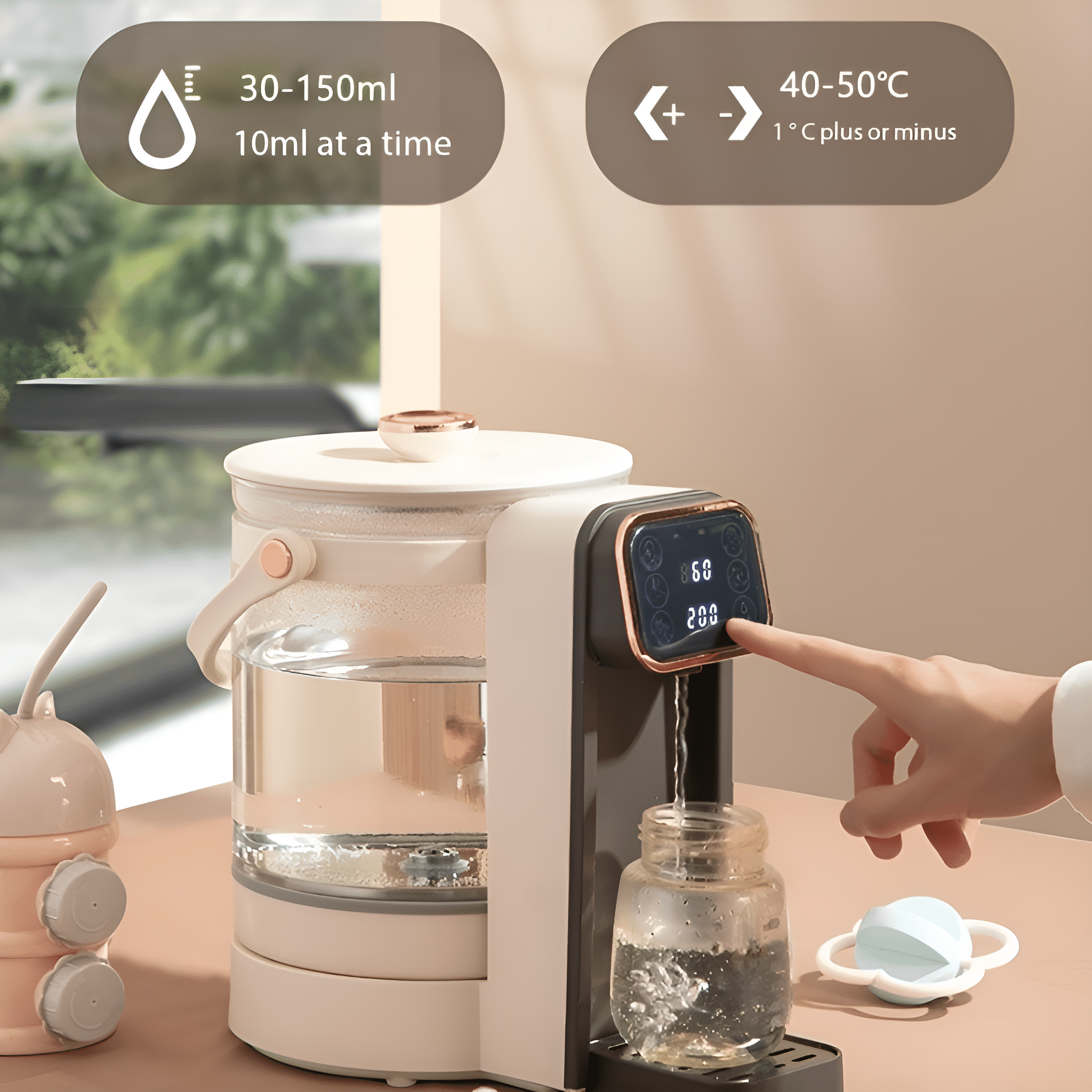 Babyflaschenwärmer mit Digitalanzeige, einer Flasche und einer Babyflasche im Hintergrund.