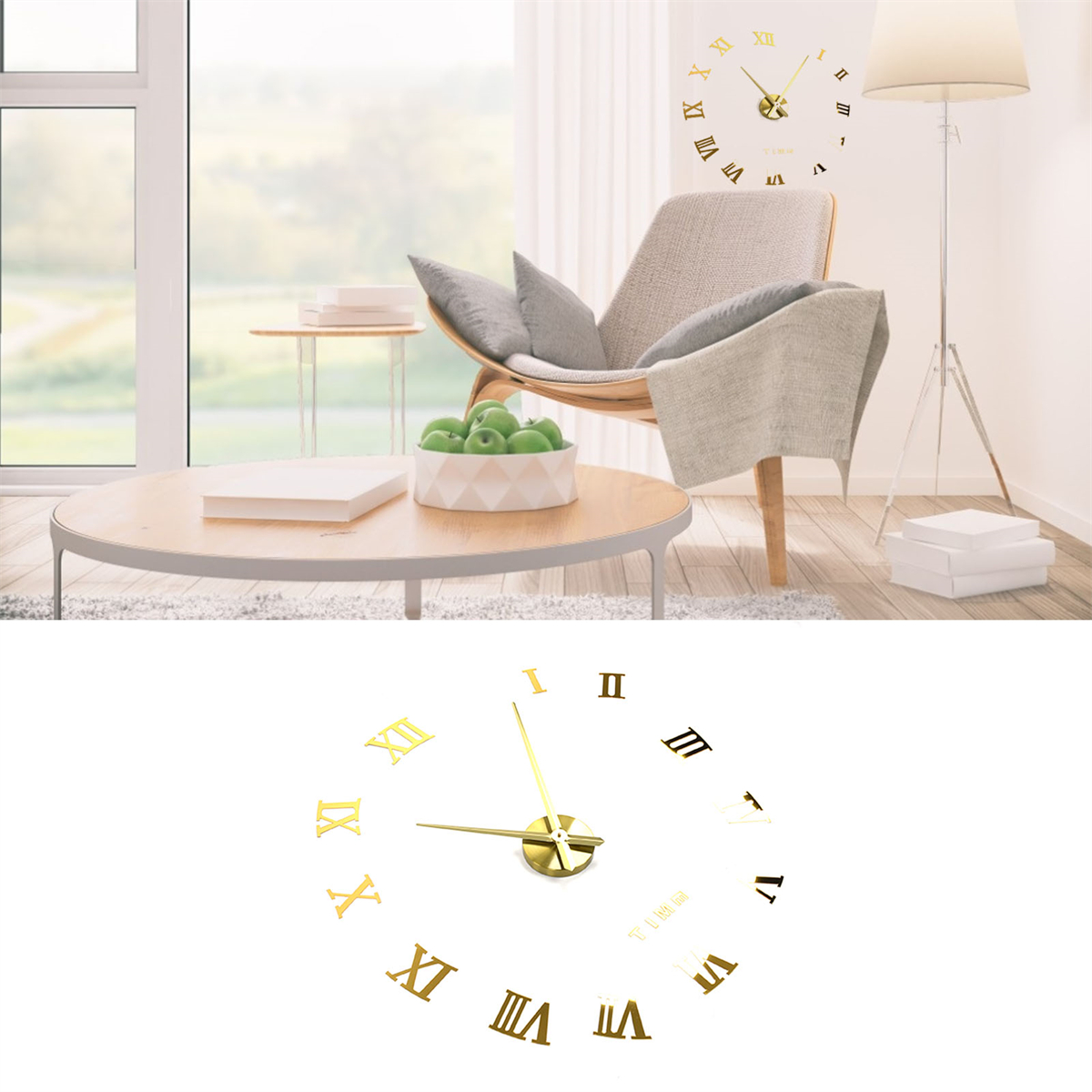 Ein Wohnzimmer mit Uhr, Stuhl und Tisch. Eine Schale mit grünen Äpfeln.