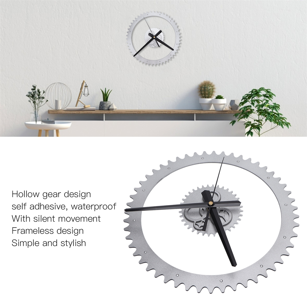 Eine weiße Uhr mit Zahnrad-Design hängt an einer weißen Wand.