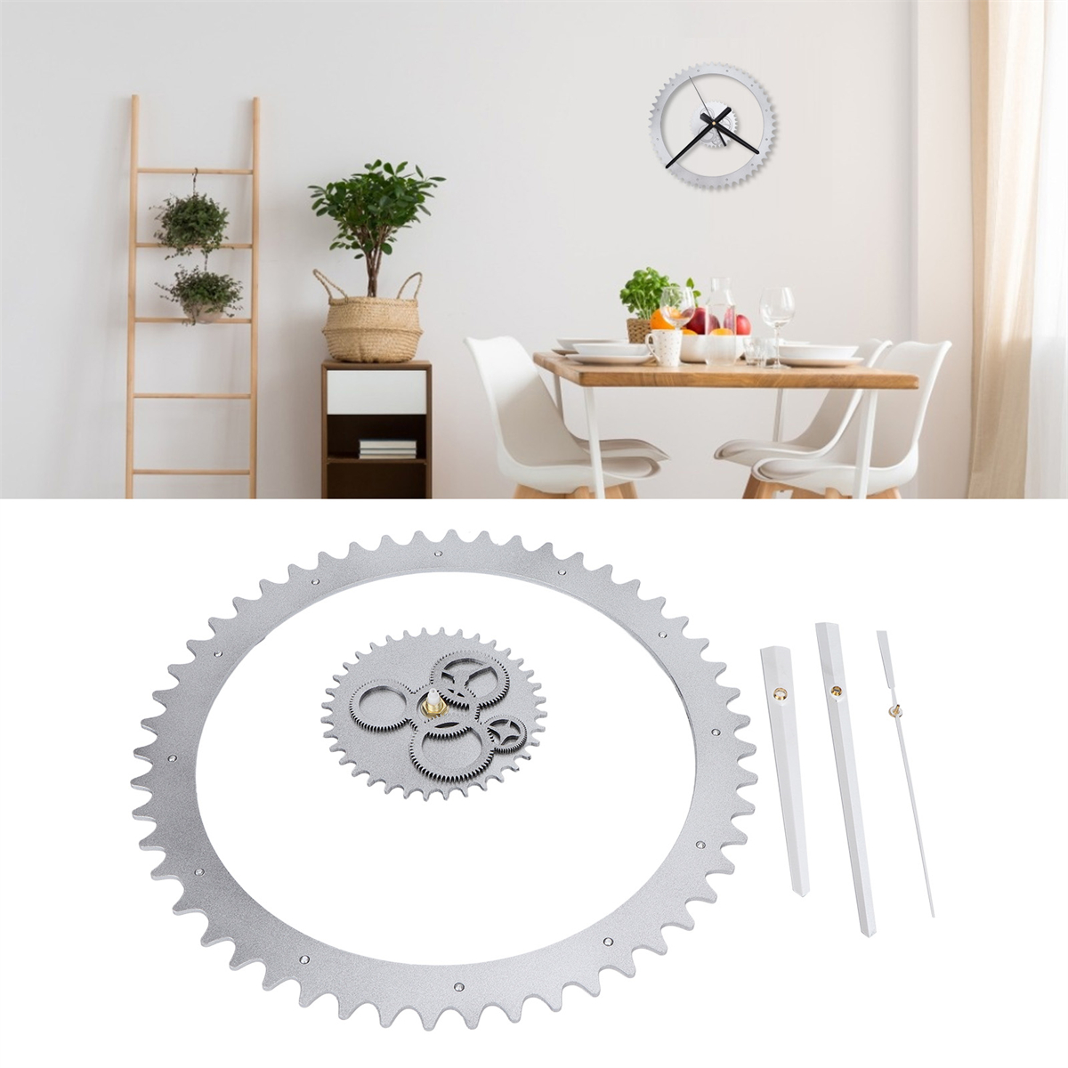 Eine Uhr und Uhrteile. Die Uhr hängt an einer weißen Wand, darunter ein Tisch.