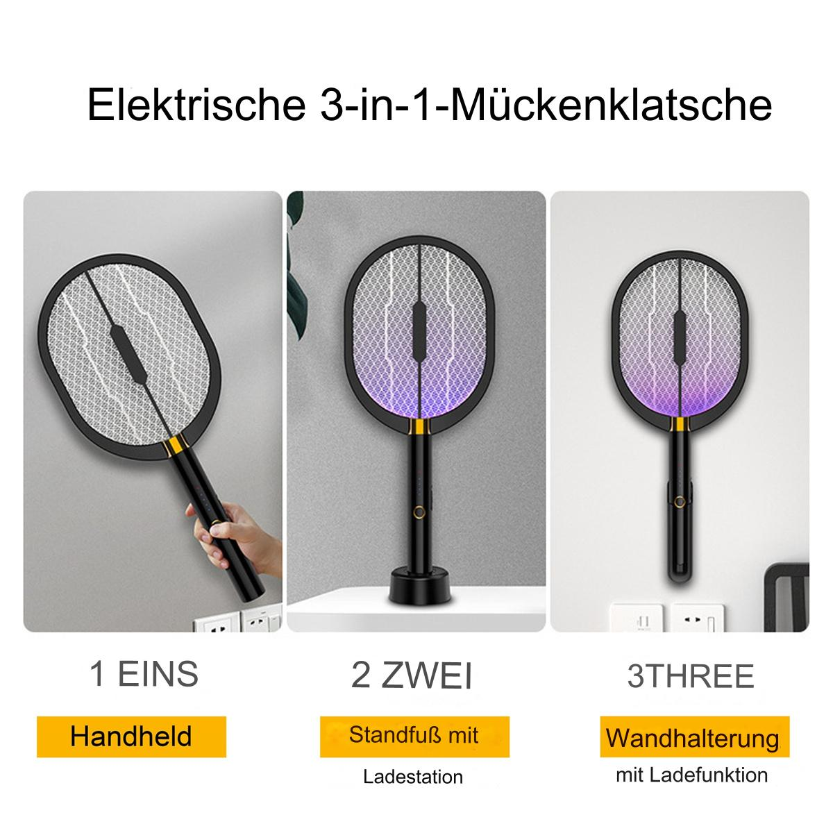 Drei Bilder eines elektrischen Fliegenklatschers. Hand-, Stand- und Wandmontage.