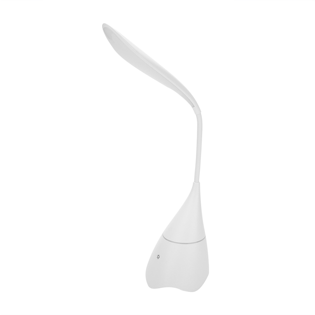 Eine weiße Schreibtischlampe. Sie hat einen gebogenen Hals und einen konisch geformten Sockel. Die Spitze ist ein weißes Licht.