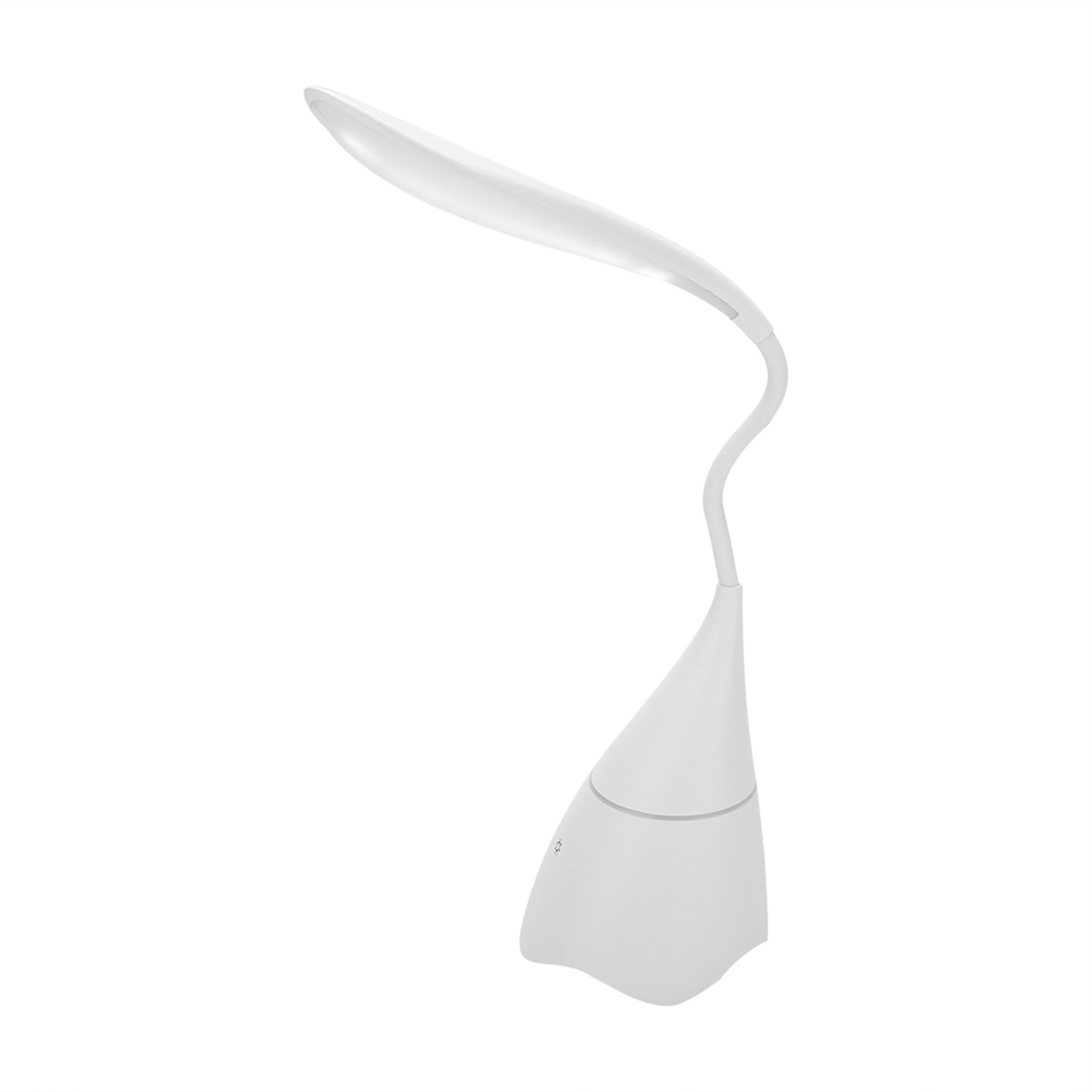 Eine weiße Schreibtischlampe mit gebogenem Hals und kegelförmigem Fuß.